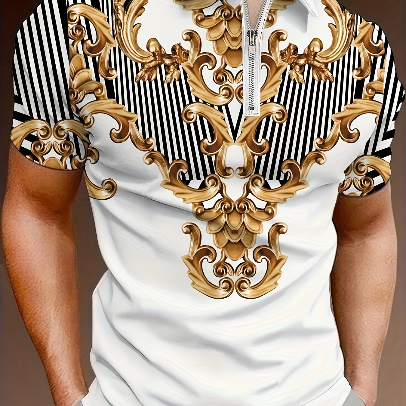 

Baroque Style Print Men's Vintage Party Short Sleeve Zipper Lapel Shirt For Summer