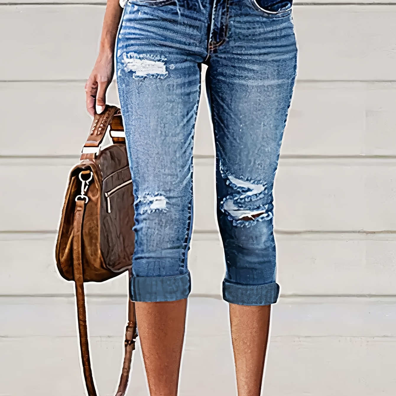 

Ripped Whiskering Slash Pocket Casual Capri Jeans Denim Pants, Women's Denim Jeans & Clothing