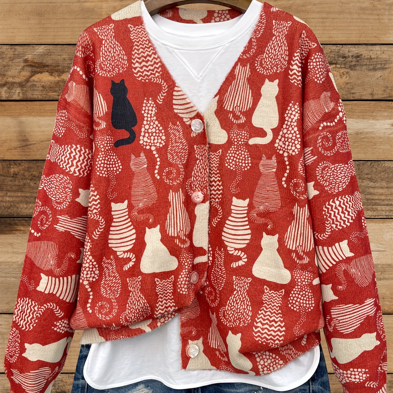 

Size Cat Print V-neck Cardigan - Casual Long Sleeve Knit Sweater For Women,