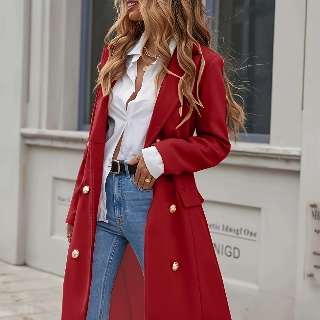 

Elegant Women' Color Overcoat - Double-breasted, Long Sleeve, Non-stretch Polyester , Machine Washable