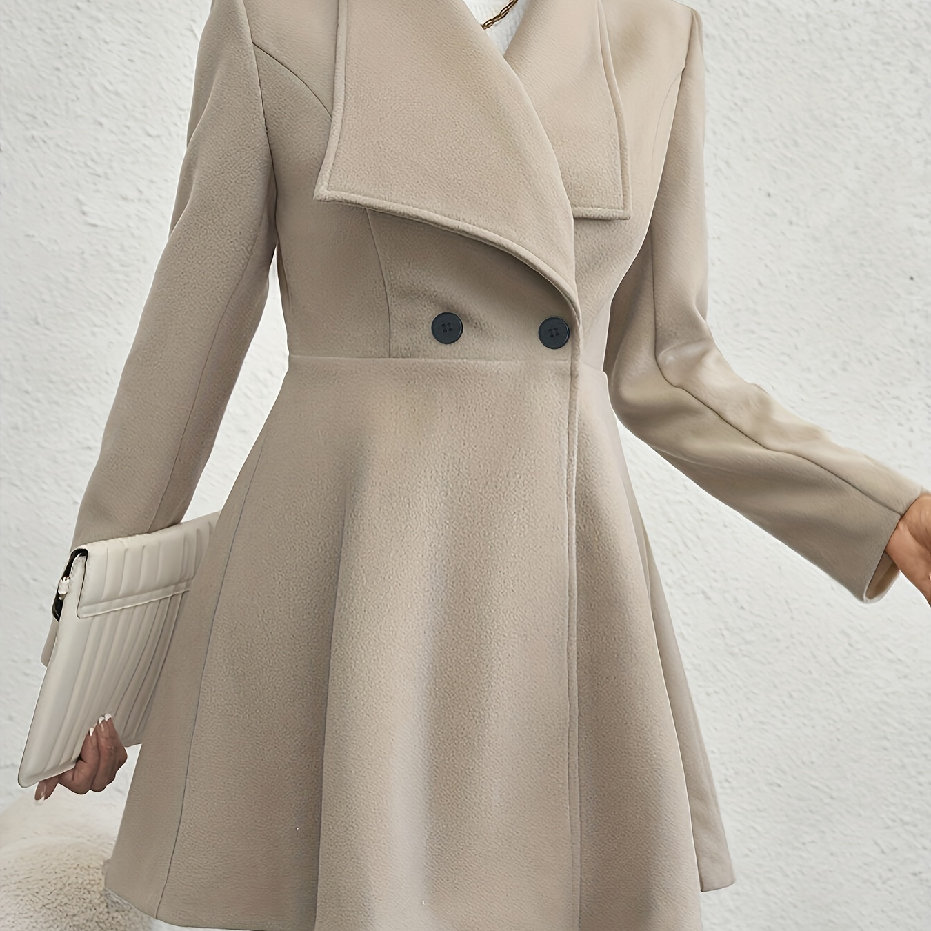 

Double-breasted Lapel Coat, Elegant Solid Color Long Sleeve Flare Coat For Fall & Winter, Women's Clothing