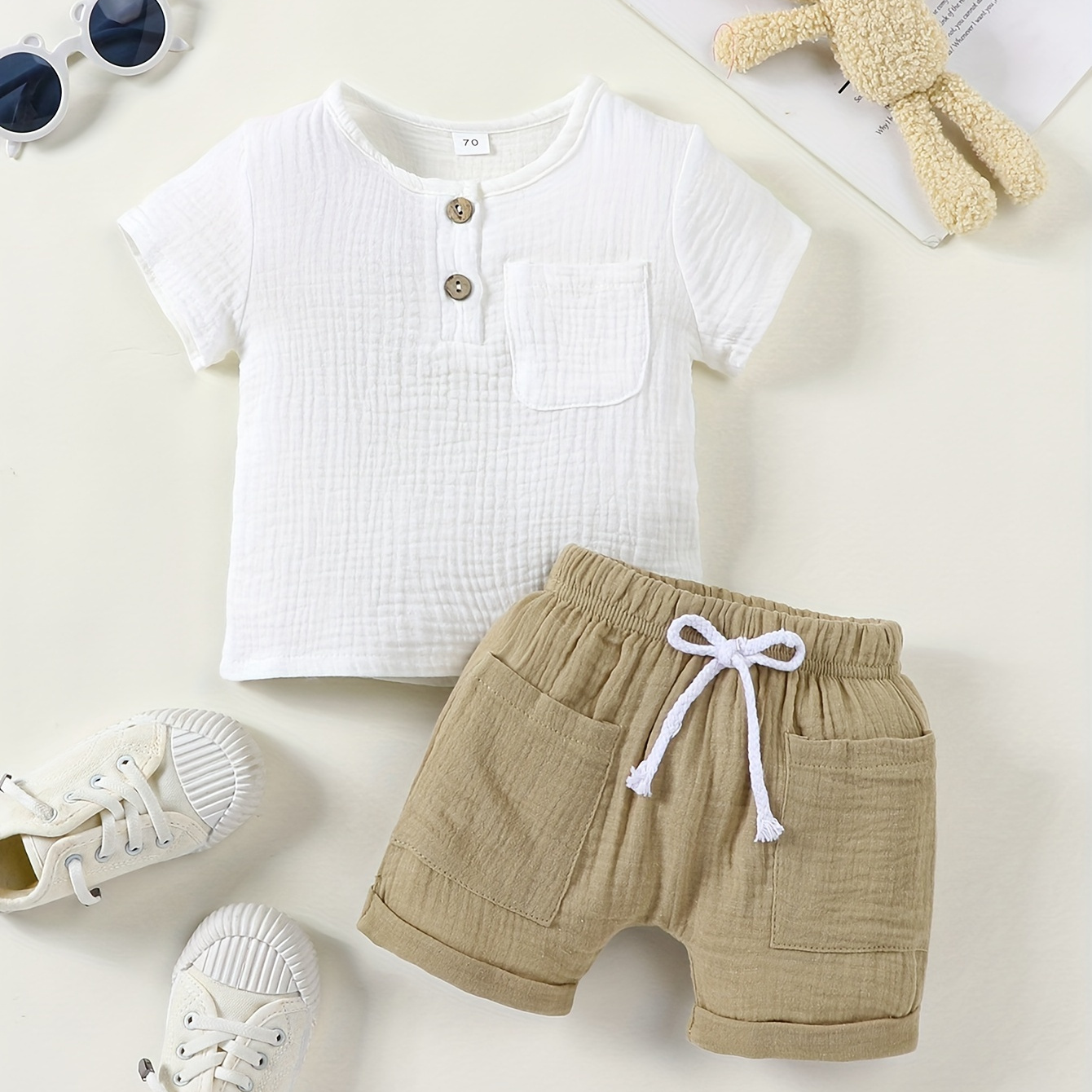 

2pcs Infant & Toddler's Comfy Summer Muslin Outfit, Button Decor T-shirt & Casual Shorts, Baby Boy's Clothes