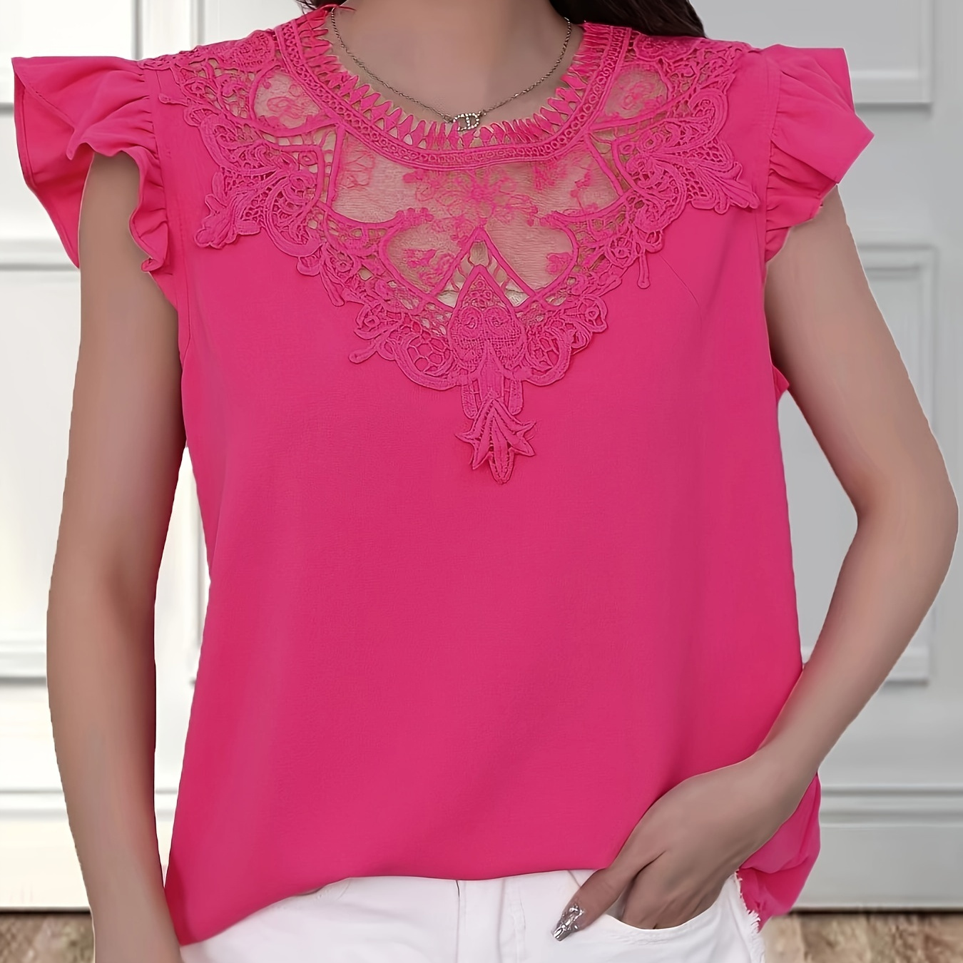 Solid Vintage Two piece Set Batwing Sleeve Lace Blouse - Temu