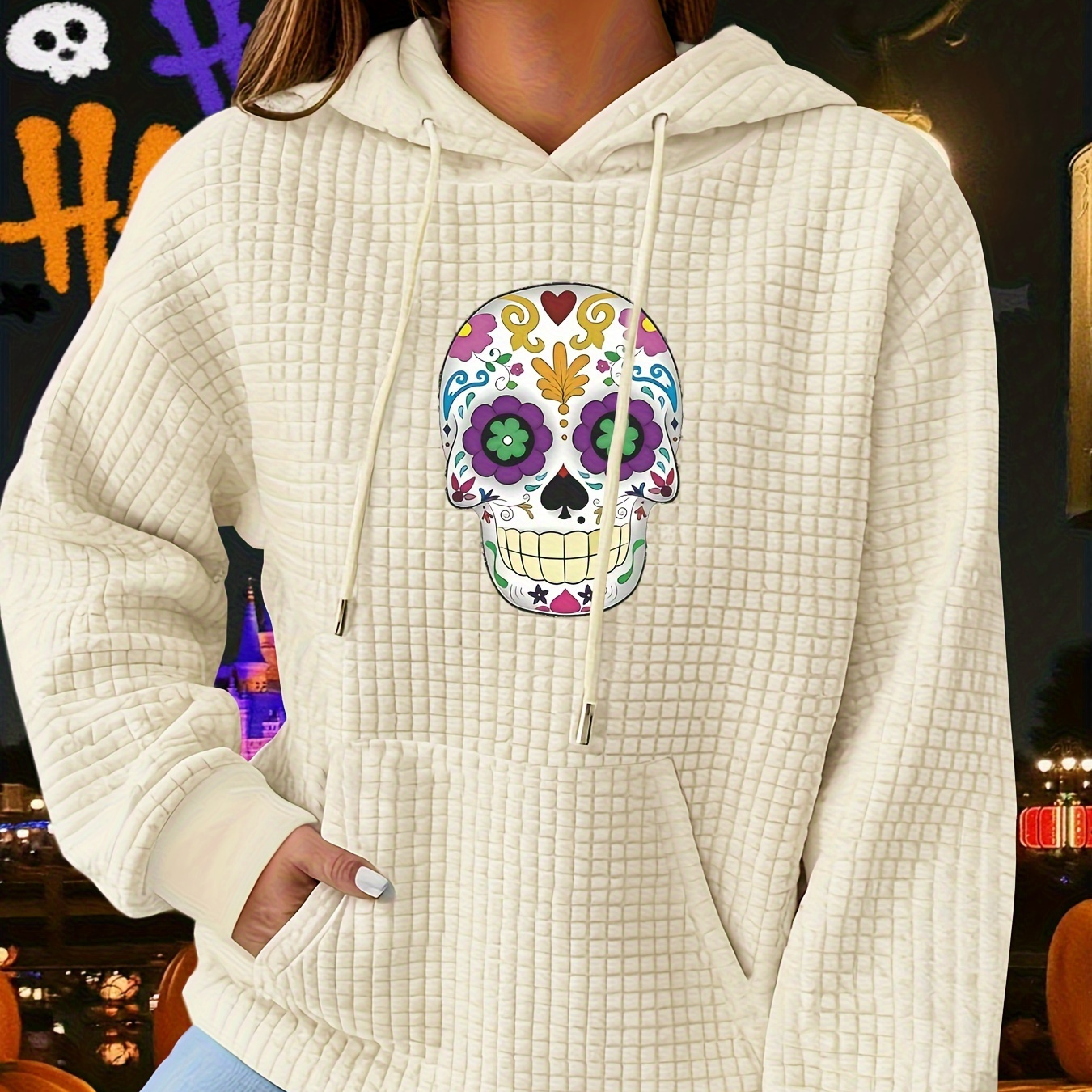 

Women's Casual Hooded Waffle Knit Hoodie - Polyester Blend (95% Polyester, 5% Spandex), Fall/winter Season, Applique Sugar Skull Pattern, Long Sleeve Pullover