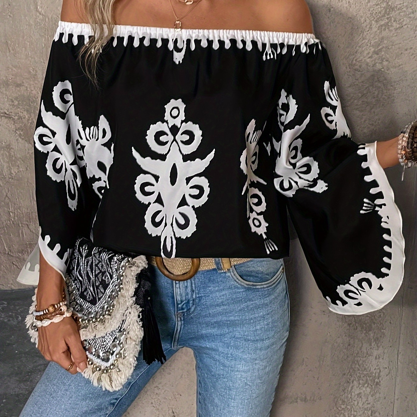 

Tribal Print Off-shoulder Blouse, Casual Straight Neck Flare Sleeve Top For Spring & Summer, Women's Clothing