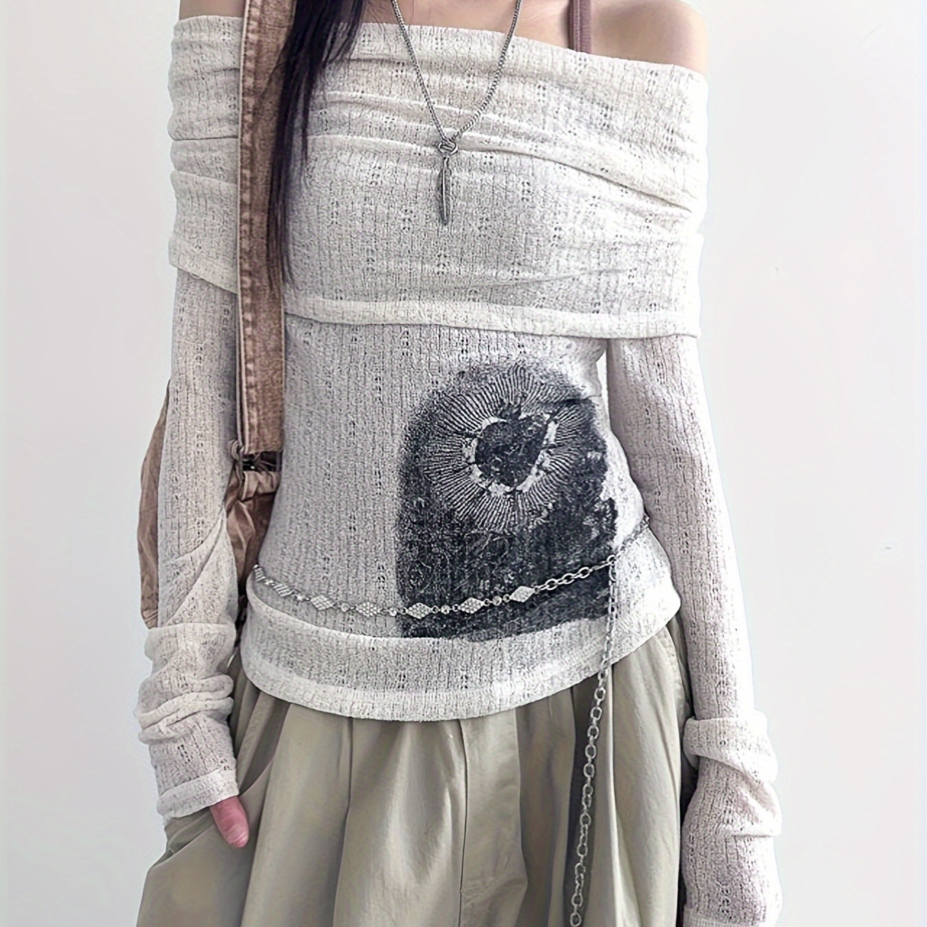 

Elegant Off-shoulder Knit Top - Long Sleeve, Stretchy Polyester , Machine Washable - Spring/summer/fall