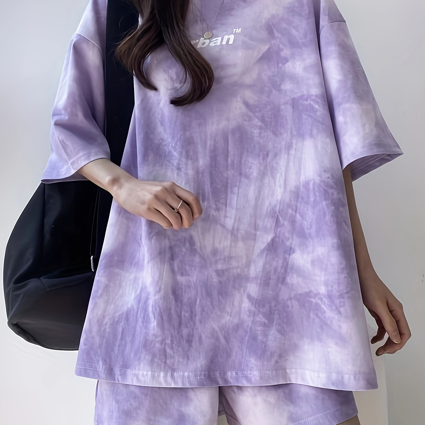 

Women's Tie Dye & Letter Print Sporty Loose Fit Lounge Set, Round Neck Short Sleeve Top & Shorts, Comfortable Relaxed Fit