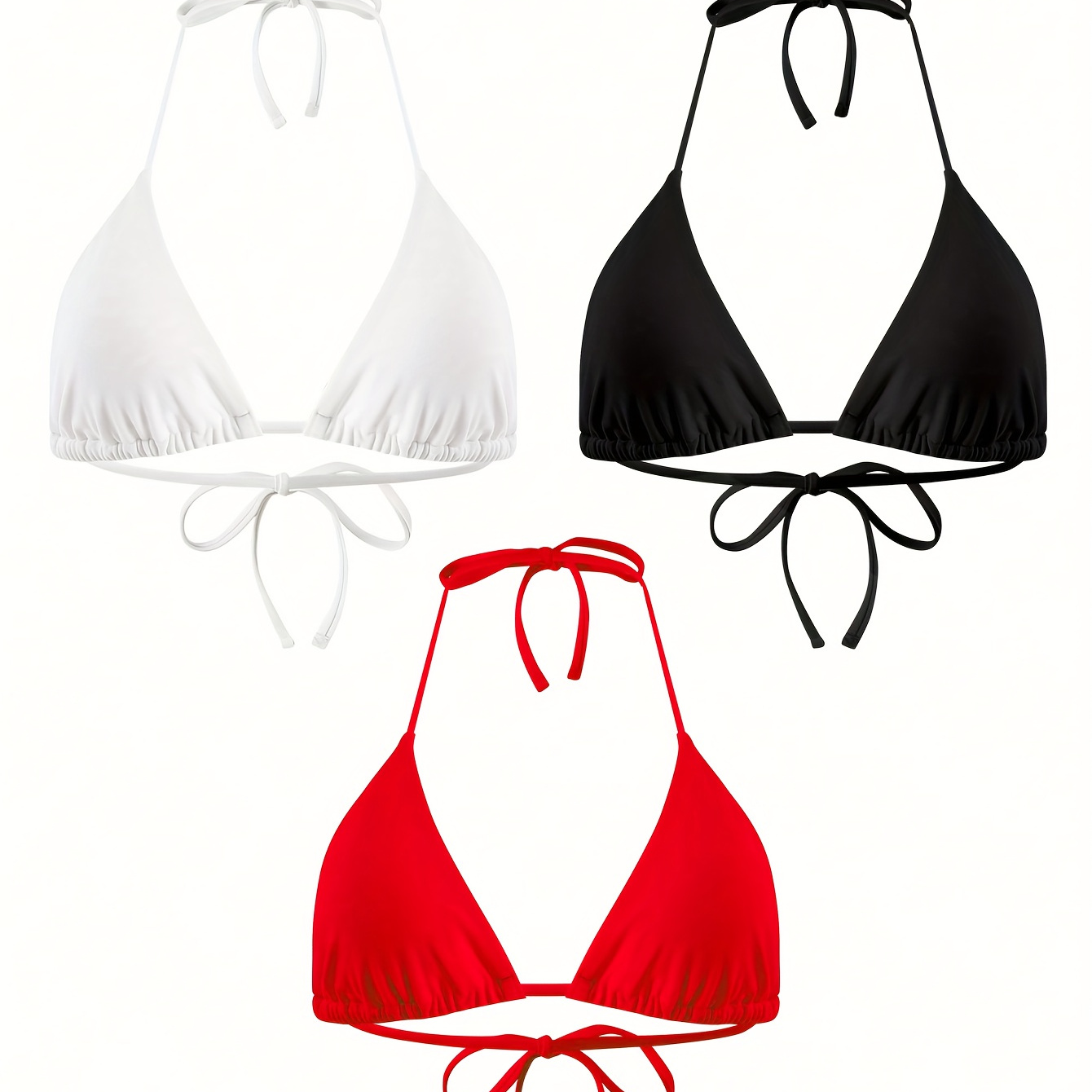

3pcs Solid Color Bikini Tops, Halter Neck Tie Back Backless Triangle Swimming Top Bras, Women's Swimwear & Clothing