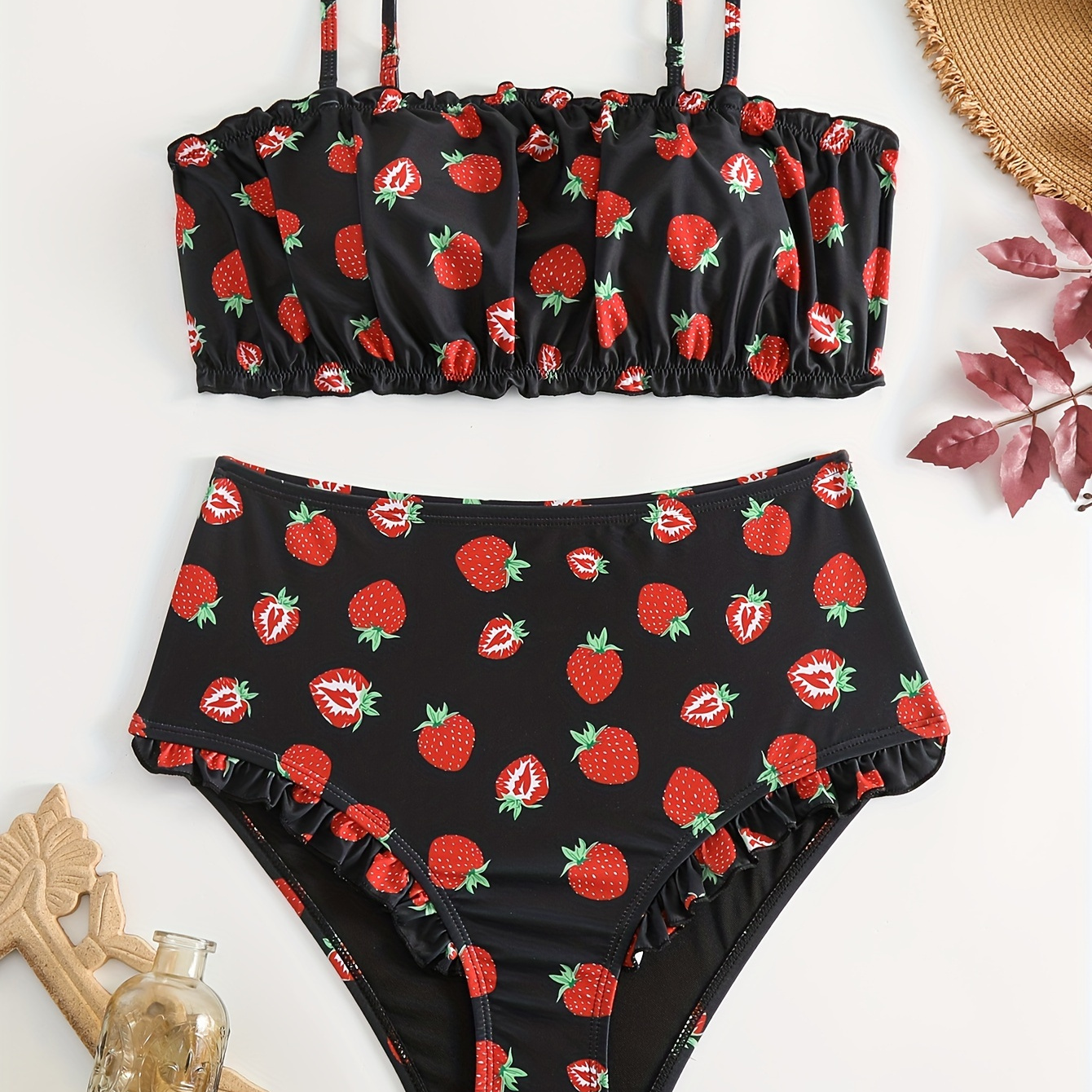 

Plus Size Cute Bikini Set, Women's Plus Strawberry Print Lettuce Trim Bra & High Waisted Panty Vacay Swimsuit 2 Piece Set