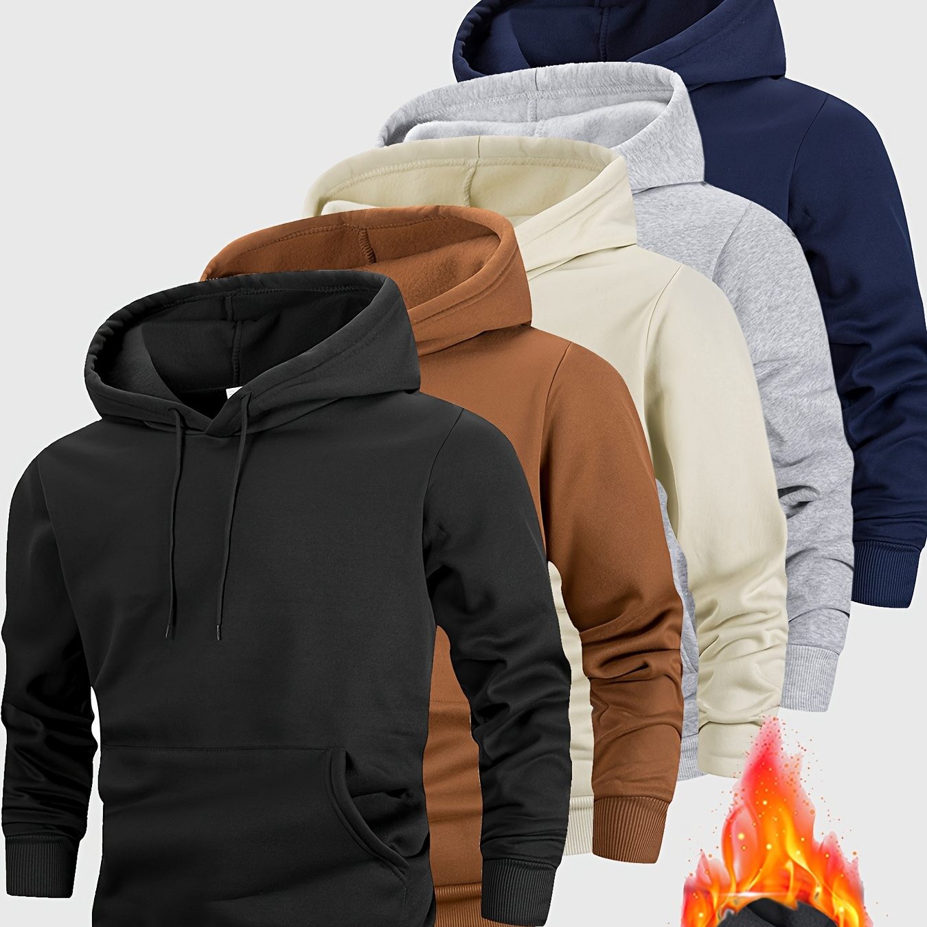 

5 sweats à capuche pour hommes, en polyester, coupe décontractée, tissu tricoté à coupe régulière, avec manches longues et légère élasticité, pour un pull chaud d'automne/hiver, épais.