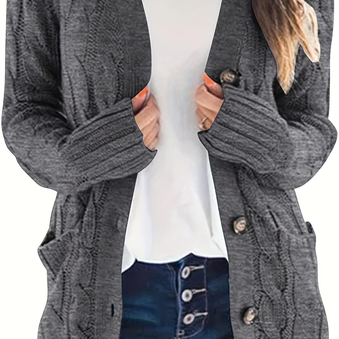 

Cable Knit Single Breasted Cardigan, Versatile Patched Pockets Long Sleeve Cardigan, Women's Clothing