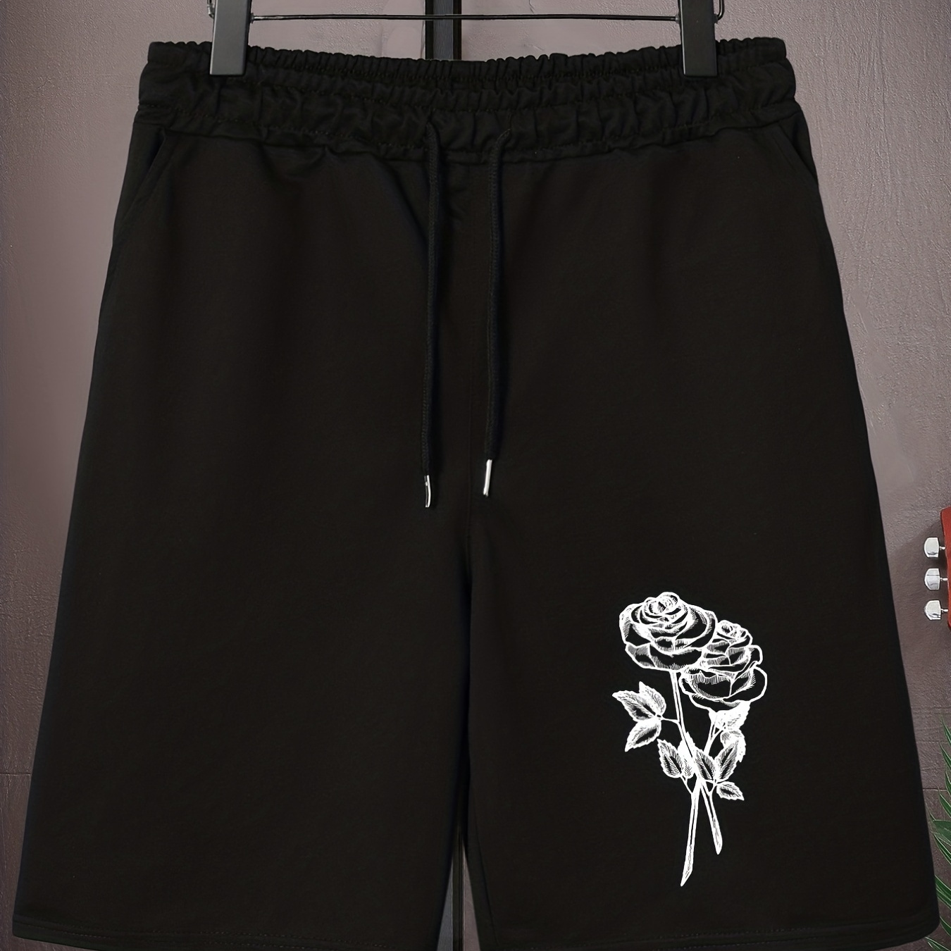 

Men's Plus Size Drawstring Shorts, Rose Print Oversized Elastic Short Sports Pants For For Big And Tall Guys, Spring & Summer Clothing