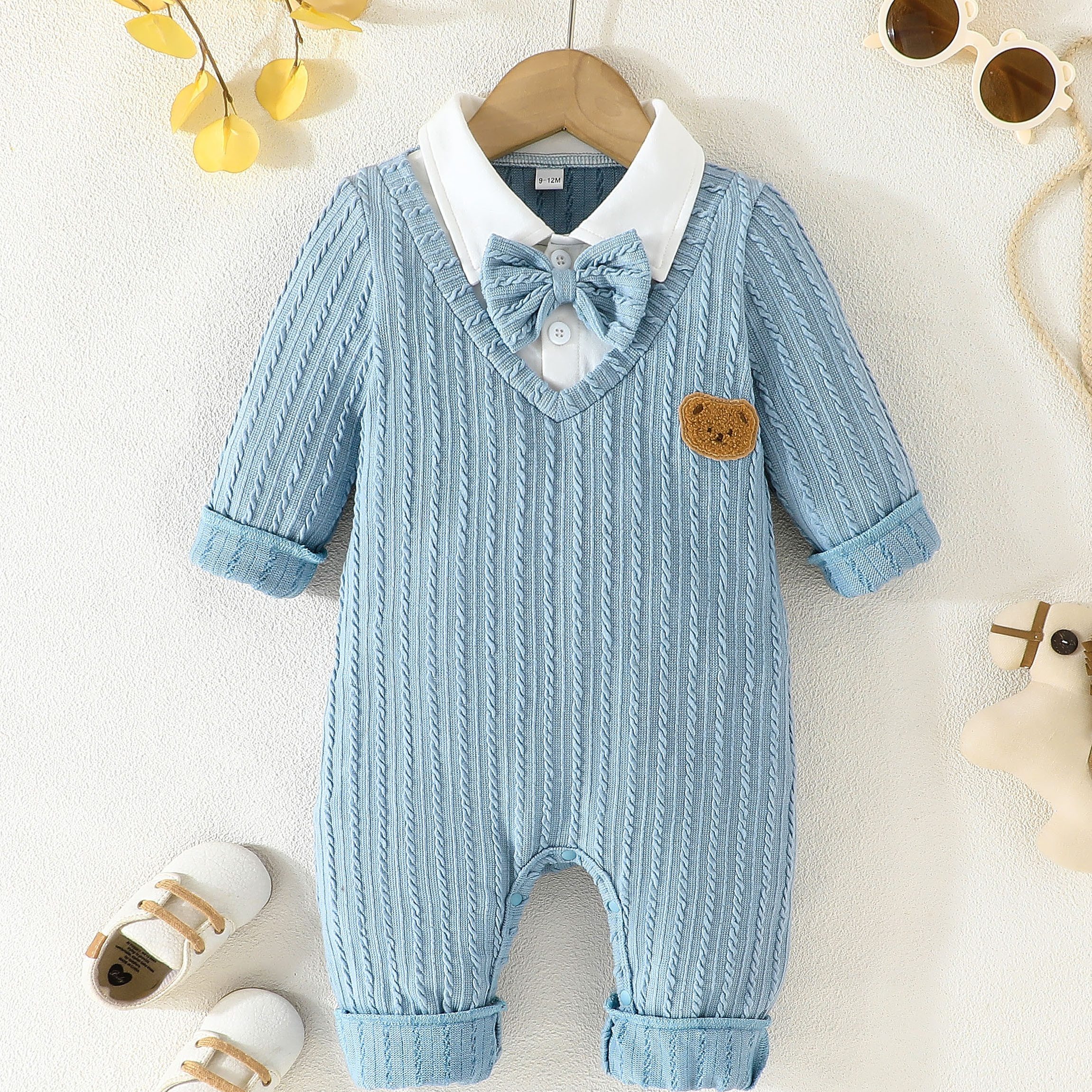 

Baby Boy's Soft Long Sleeves Bear Applique And Bowknot Jumpsuit For Everyday & Outdoors, Autumn And Winter Essential, Ideal Gift