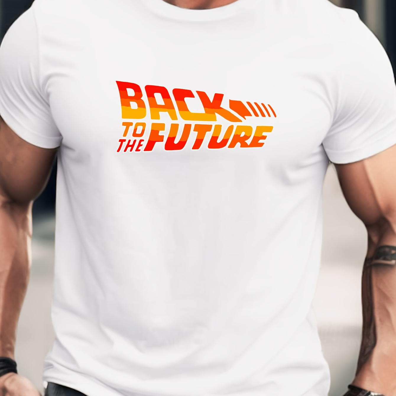 

Back To Future Print Men's T-shirt, Casual Short Sleeve Crew Neck Cotton Top, Comfy Breathable And Versatile Summer Clothing For Outdoor Fitness & Daily Commute