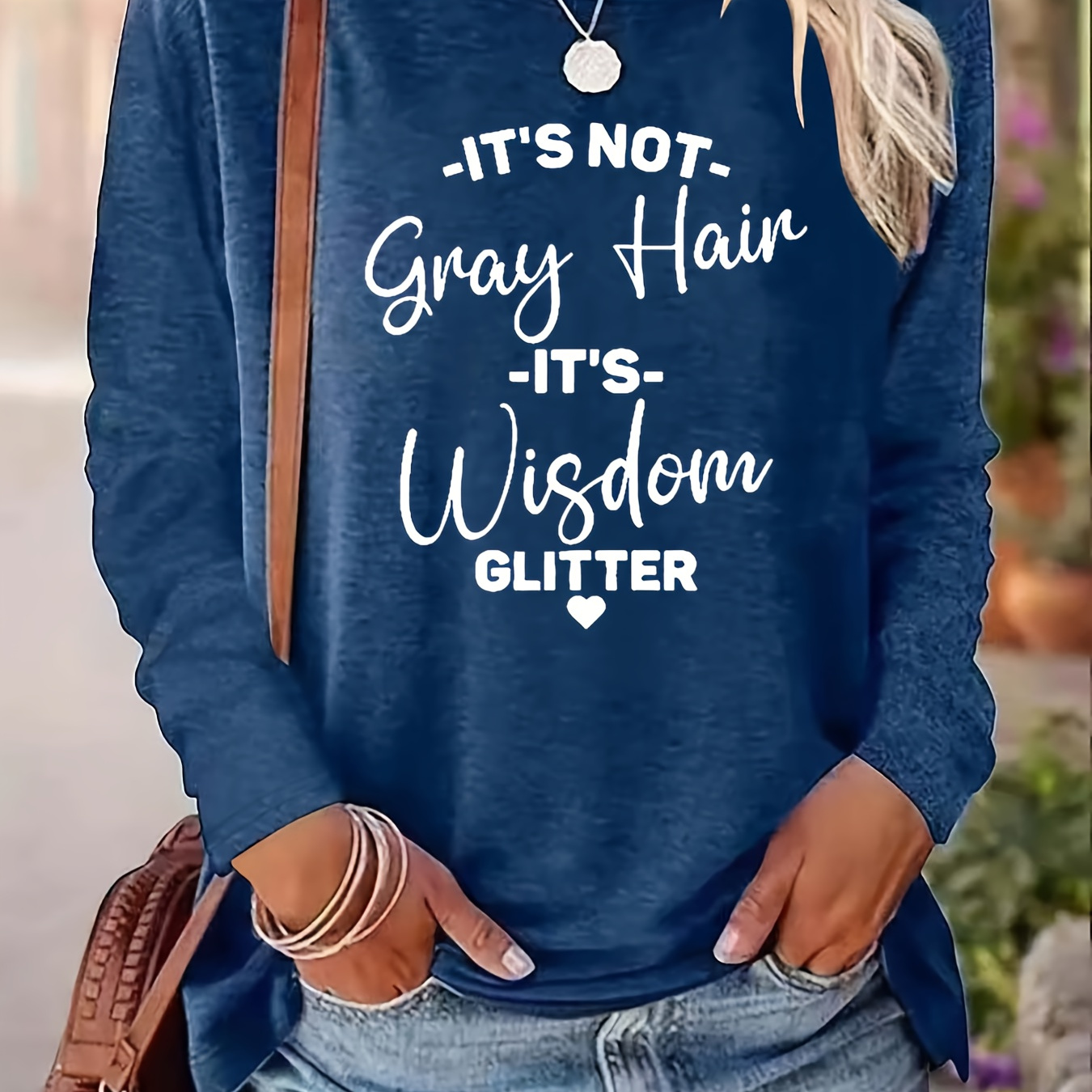 

Plus Size Casual Long Sleeve Crew Neck T-shirt With "wisdom Glitter" Slogan, Cotton Knit Fabric, Comfortable Medium Stretch, Alphabet Pattern - Ideal For Spring/summer/fall