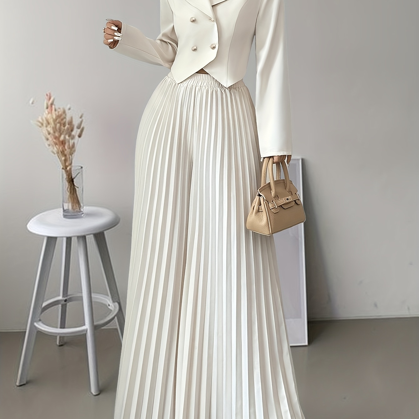 

2-piece Elegant Women'-breasted Suit Top And Pleated Pants Set, Fashionable Commuting Style