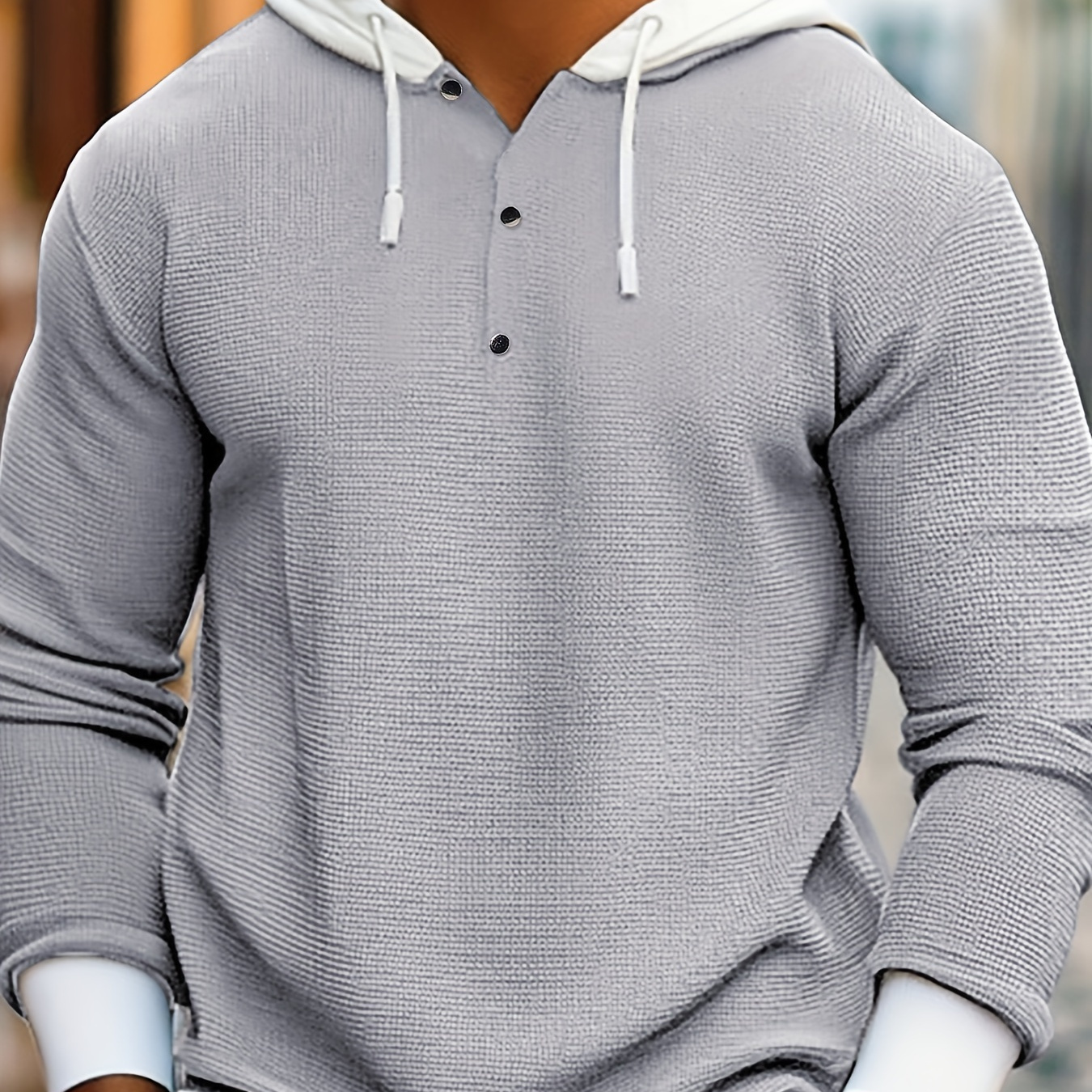 

Men's Casual Waffle-knit Hooded Henley Shirt - , Ribbed Detail, Long Sleeve For Outdoor Sports &