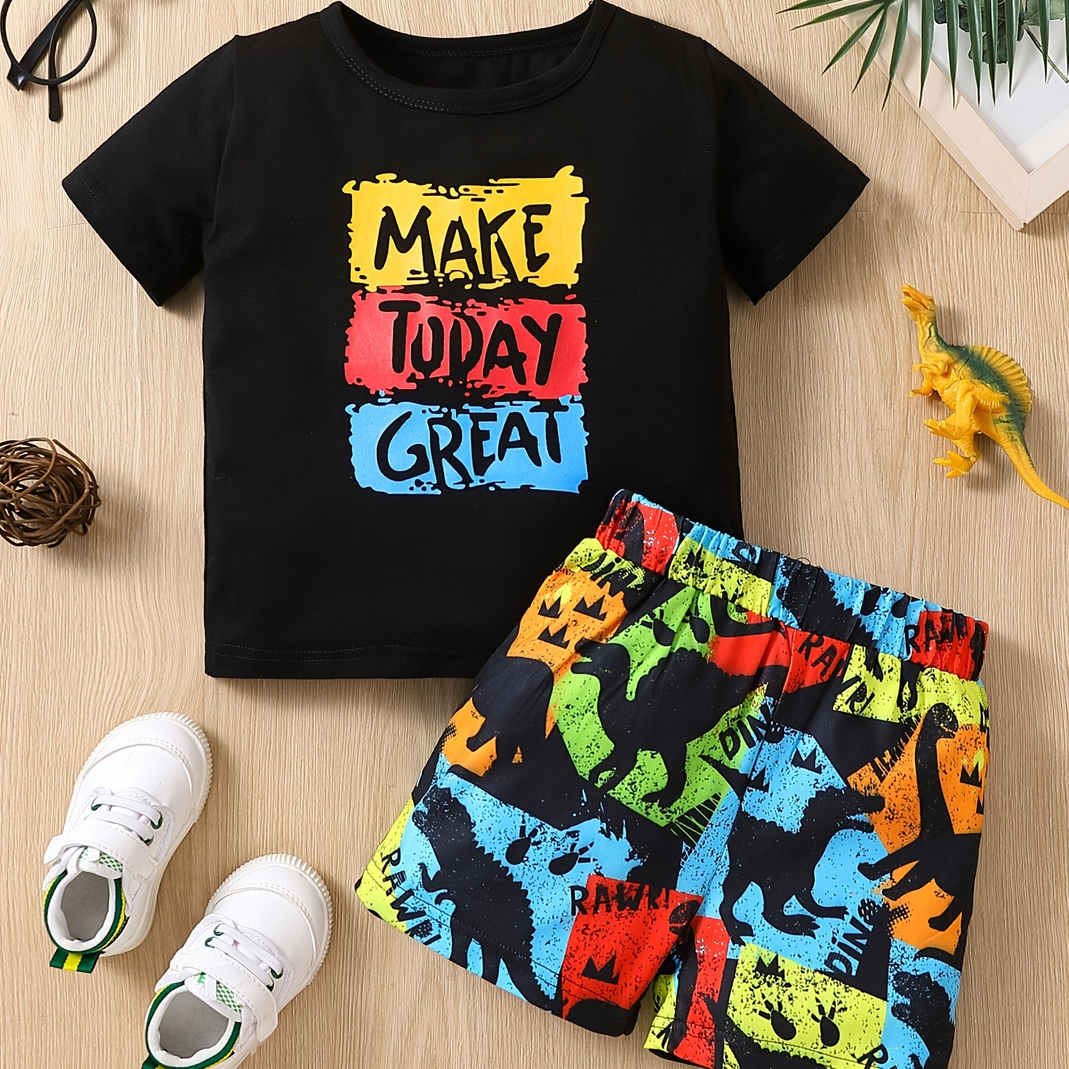 

Boys "make Today Great" Color Block Outfit Shorts & T-shirt Short Sleeves Crew Neck Casual Summer Kids Clothes