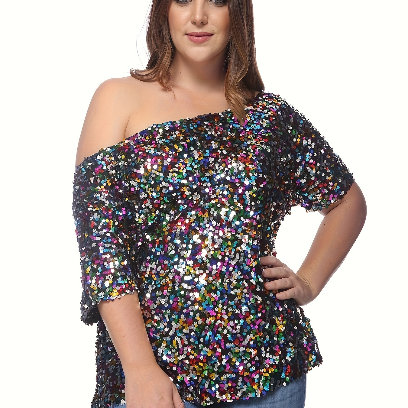 

Plus Size Contrast Sequin Single Shoulder Tops, Casual Short Sleeve Tops For Party & Club, Women's Plus Size Clothing