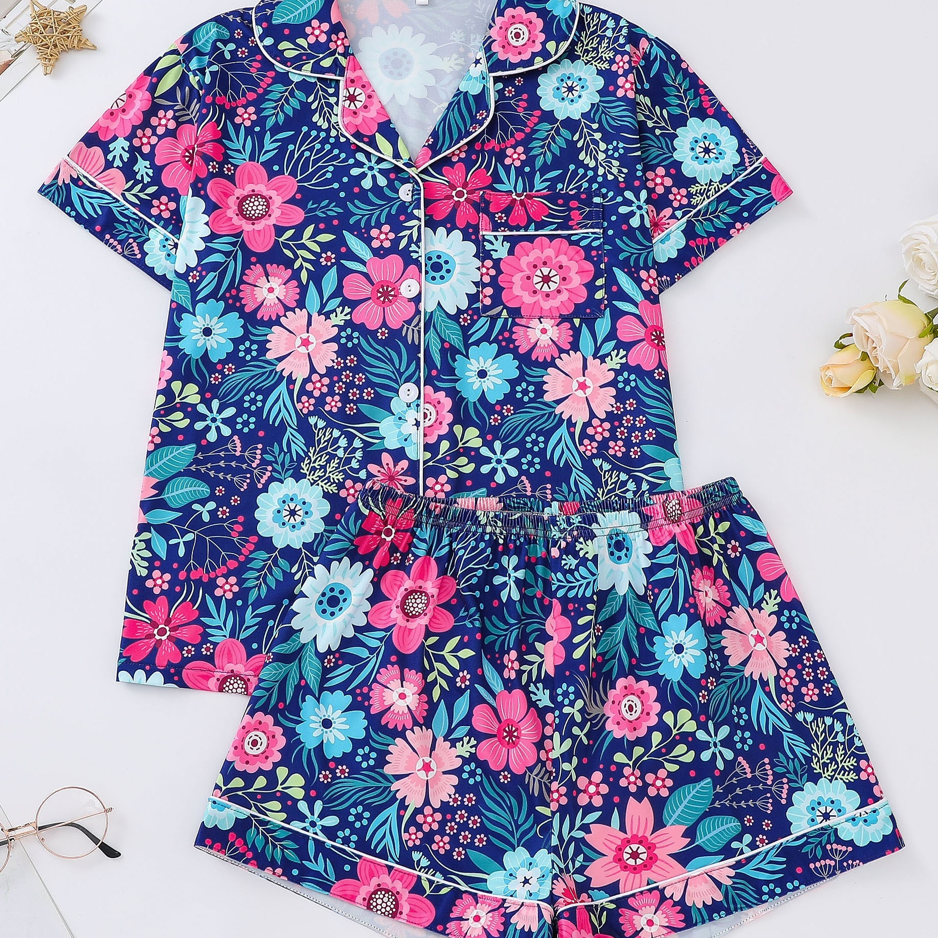 

Women's Floral Pajama Set, Short Sleeve Buttons Lapel Top & Shorts, Comfortable Relaxed Fit