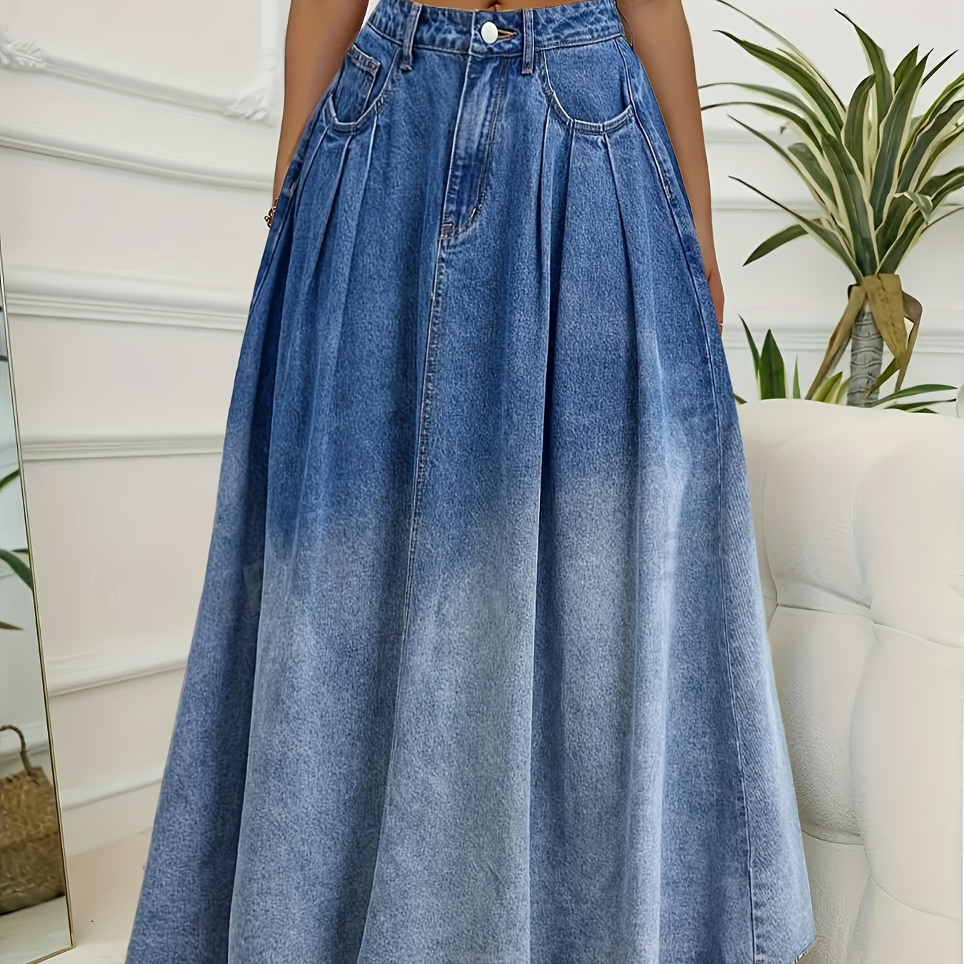 

Plus Size Ombre Washed Blue Pleated Elegant Style Raw Hem Maxi Denim Skirt, Women's Denim Jeans & Clothing