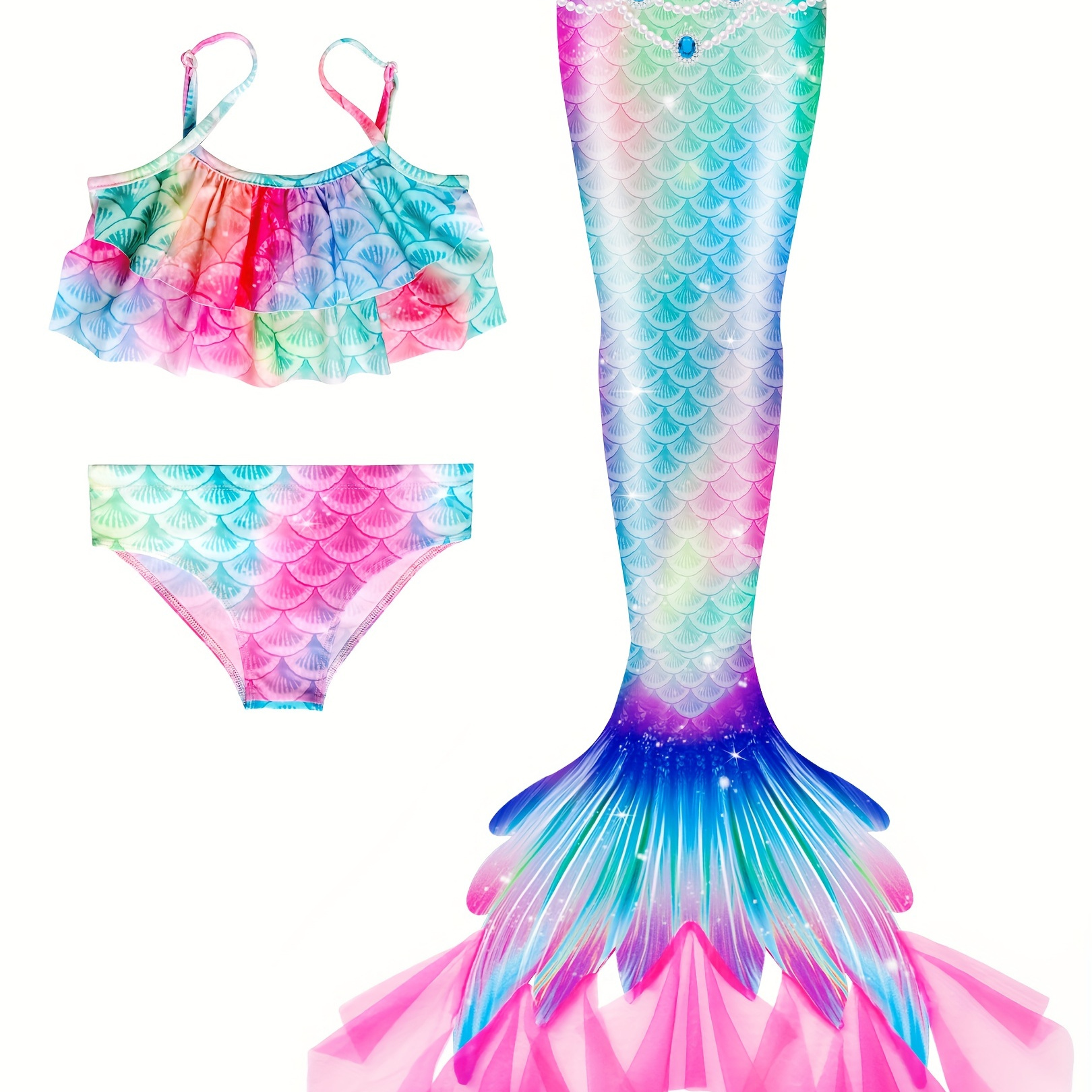 

Girls 3pcs/set Stylish Dress Up Outfit, Scales Pattern Ruffle Hem Cami Swim Top & Brief & Mermaid Tail Skirt For Mermaid Pool Party Clothing