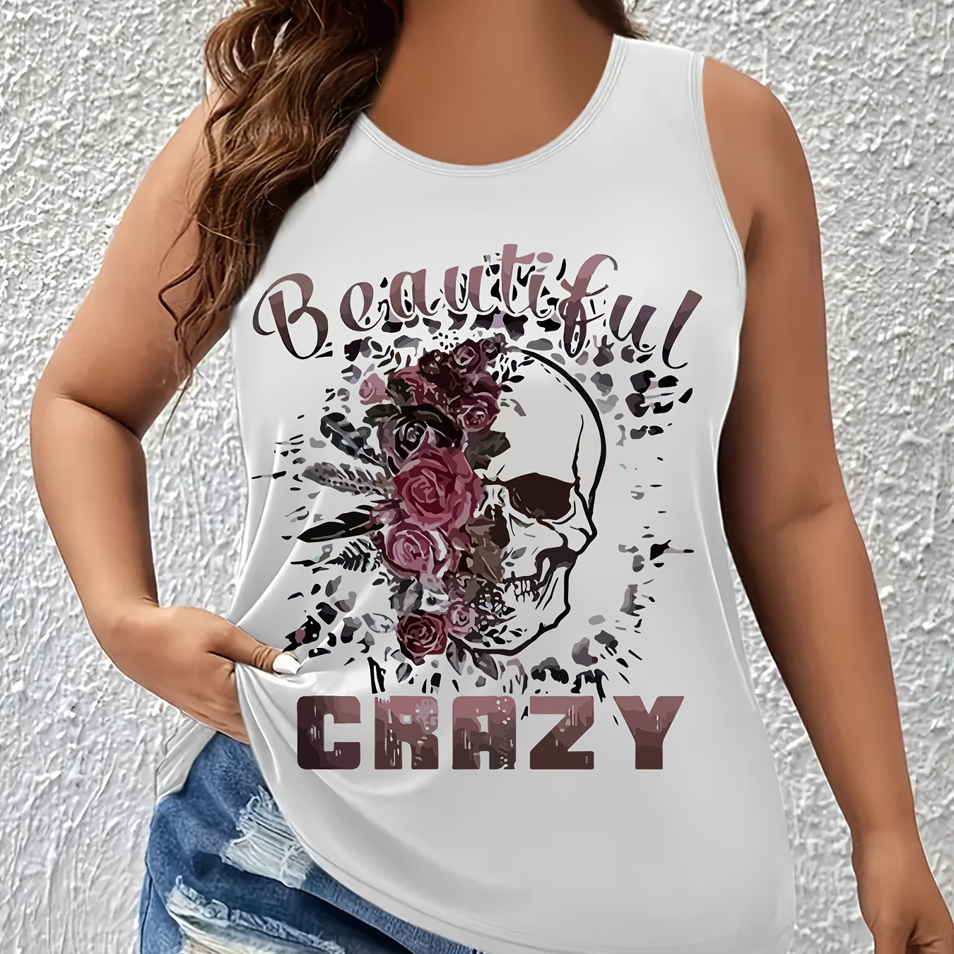

Plus Size Skull & Crazy Print Tank Top, Casual Sleeveless Crew Neck Top For Summer & Spring, Women's Plus Size Clothing