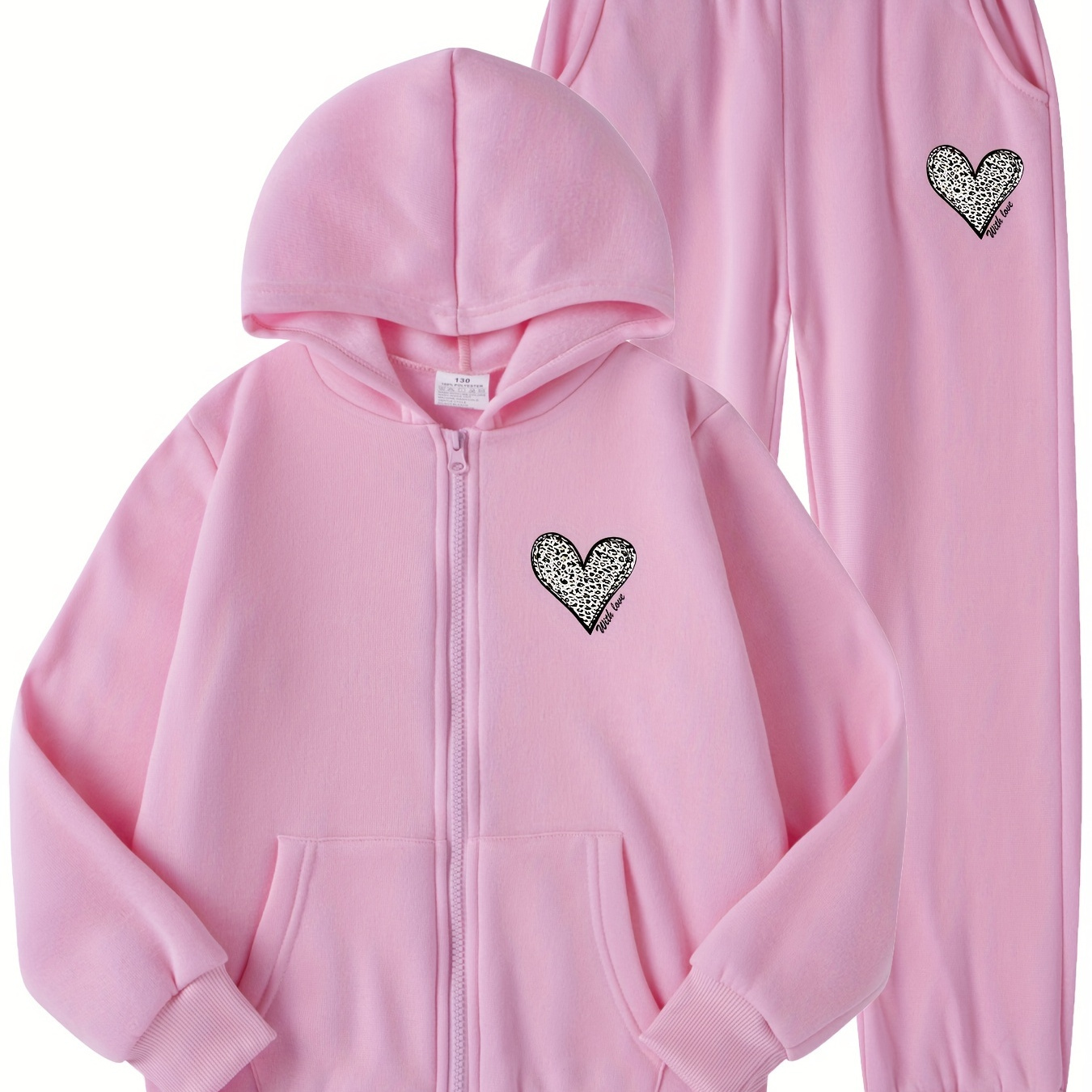 

[1 Set] Girl's Thermal Zip-up Long Sleeve Heart Pattern Hoodie Jacket + Pants Co-ords Set, Casual & Stylish Outfit For Fall/ Winter, As Gifts