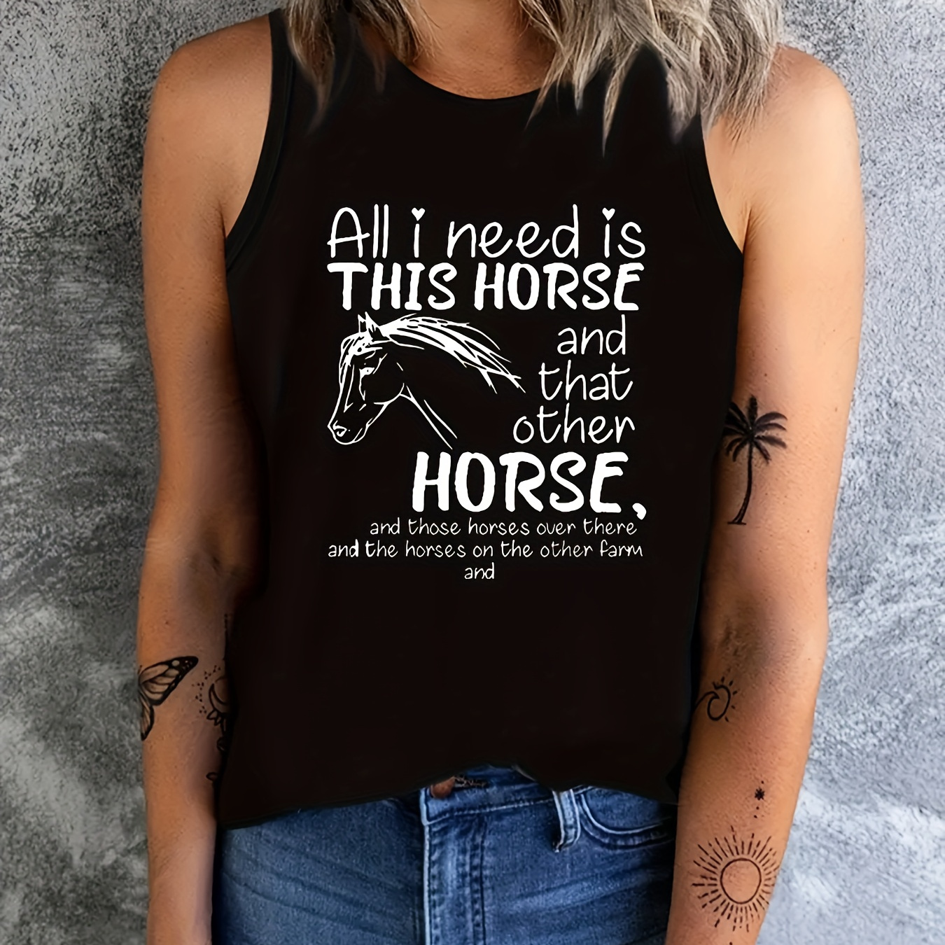 

Women's Casual Sleeveless Tank Top With Horse Graphic And Slogan Print, Breathable Comfort Fit, Summer Sportswear Style
