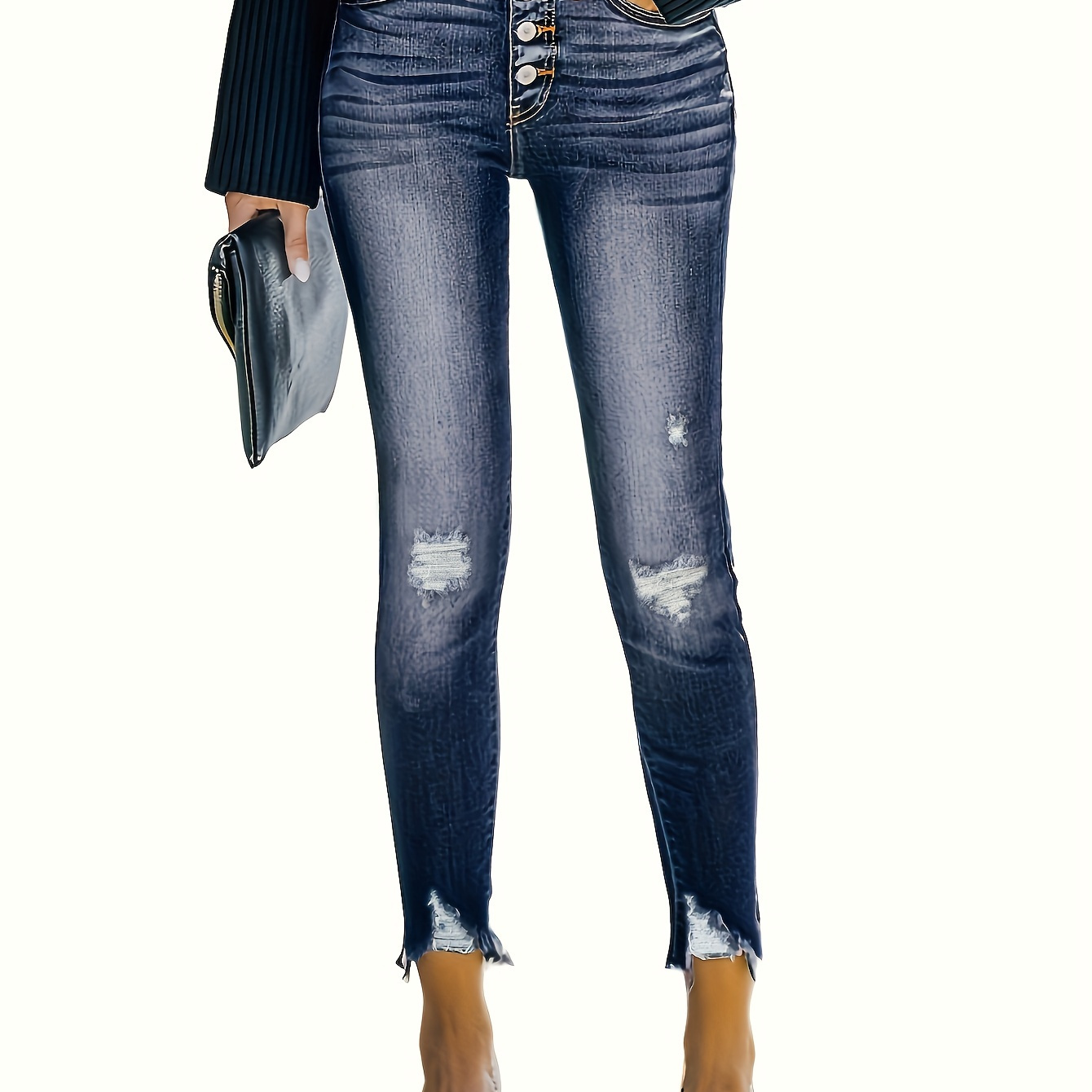 

Blue Ripped Holes Cropped Jeans, Slim Fit Slant Pockets High-stretch Versatile Cropped Denim Pants, Women's Denim Jeans & Clothing