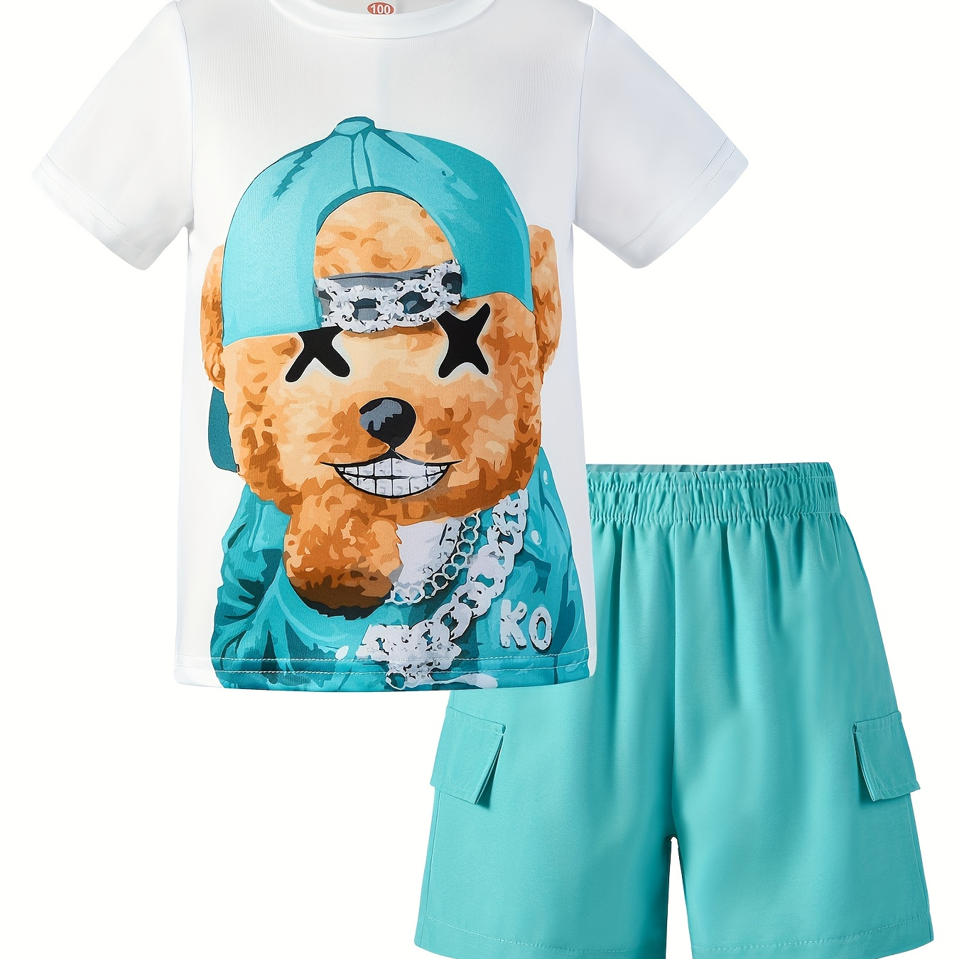 

Boy's 2pcs, T-shirt & Cargo Shorts Set, Cute Bear Print Short Sleeve Top, Casual Outfits, Kids Clothes For Summer