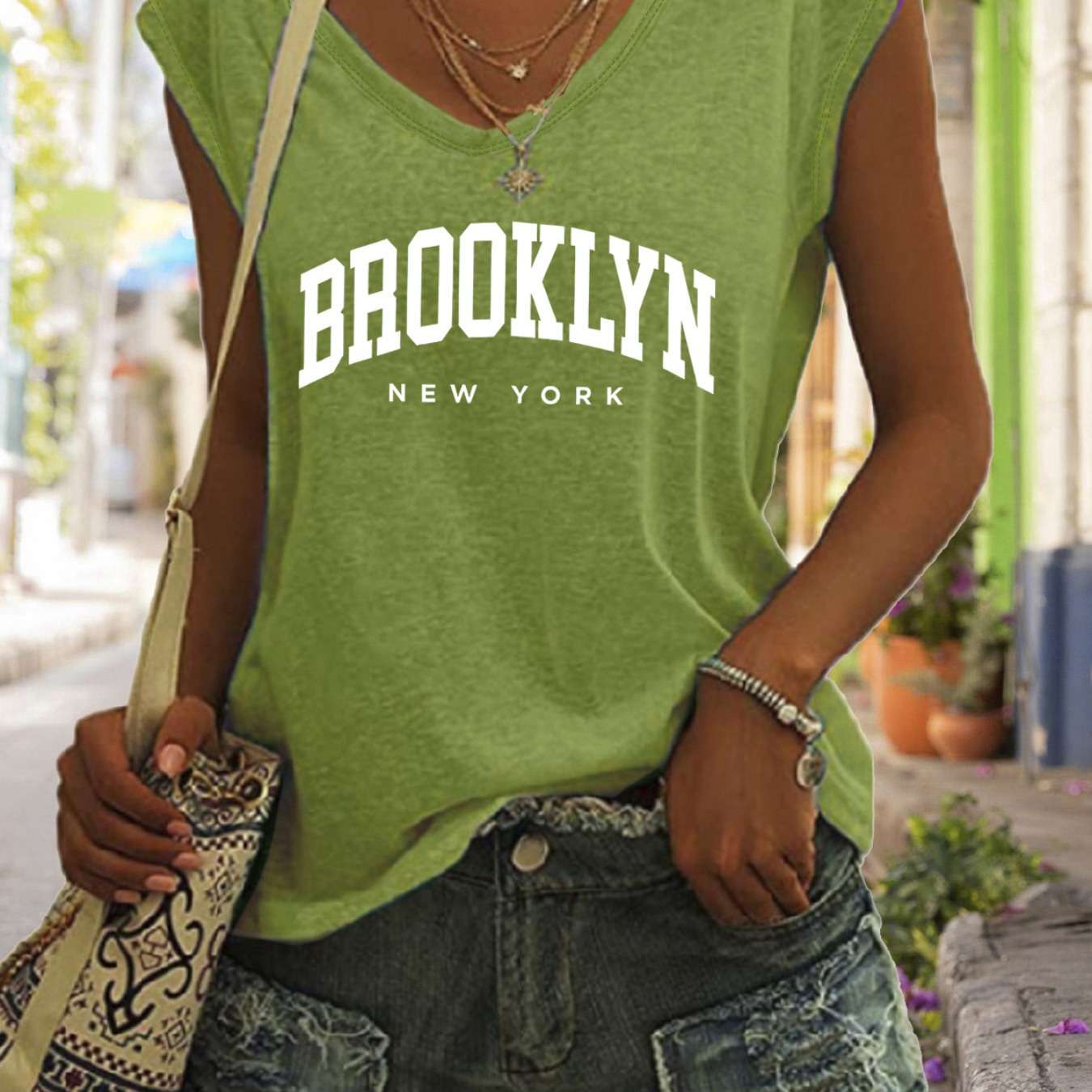 

Débardeur à imprimé lettre Brooklyn, haut décontracté à manches courtes pour l'été et le printemps, vêtements pour femmes