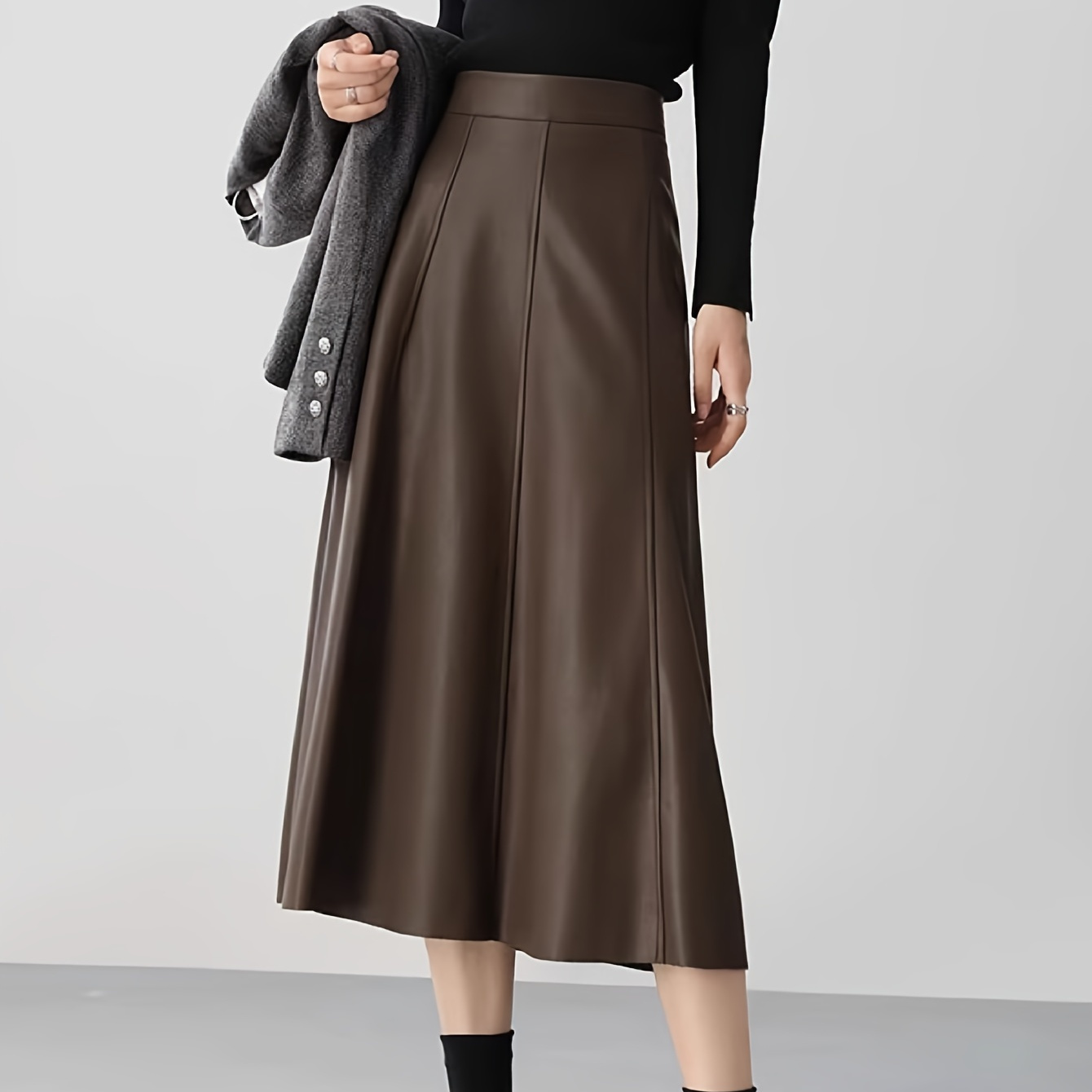 

Elegant High-waist A-line Pu Leather Midi Skirt For Women - Fall/winter Collection Solid Color With Viscose