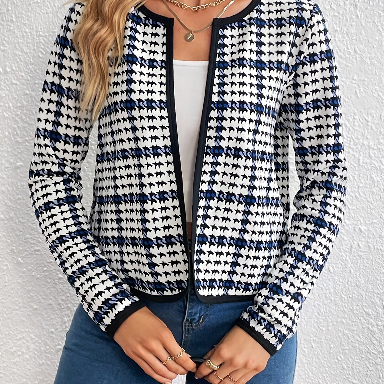 

Houndstooth Print Open Front Jacket, Elegant Long Sleeve Jacket For Spring & Fall, Women's Clothing
