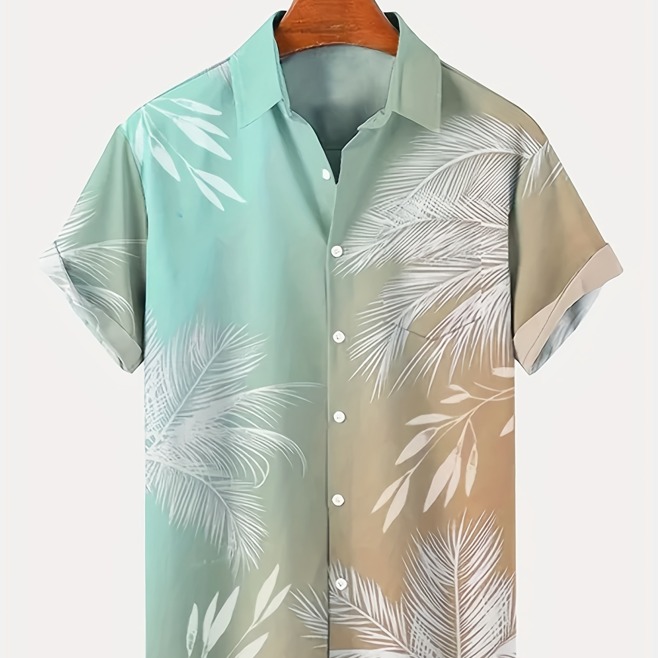 

Men's Gradient Palm Leaf Printed Hawaiian Button Up Lapel Shirt, Resort Casual Comfy Tee Top, Plus Size Fashion Summer Clothing