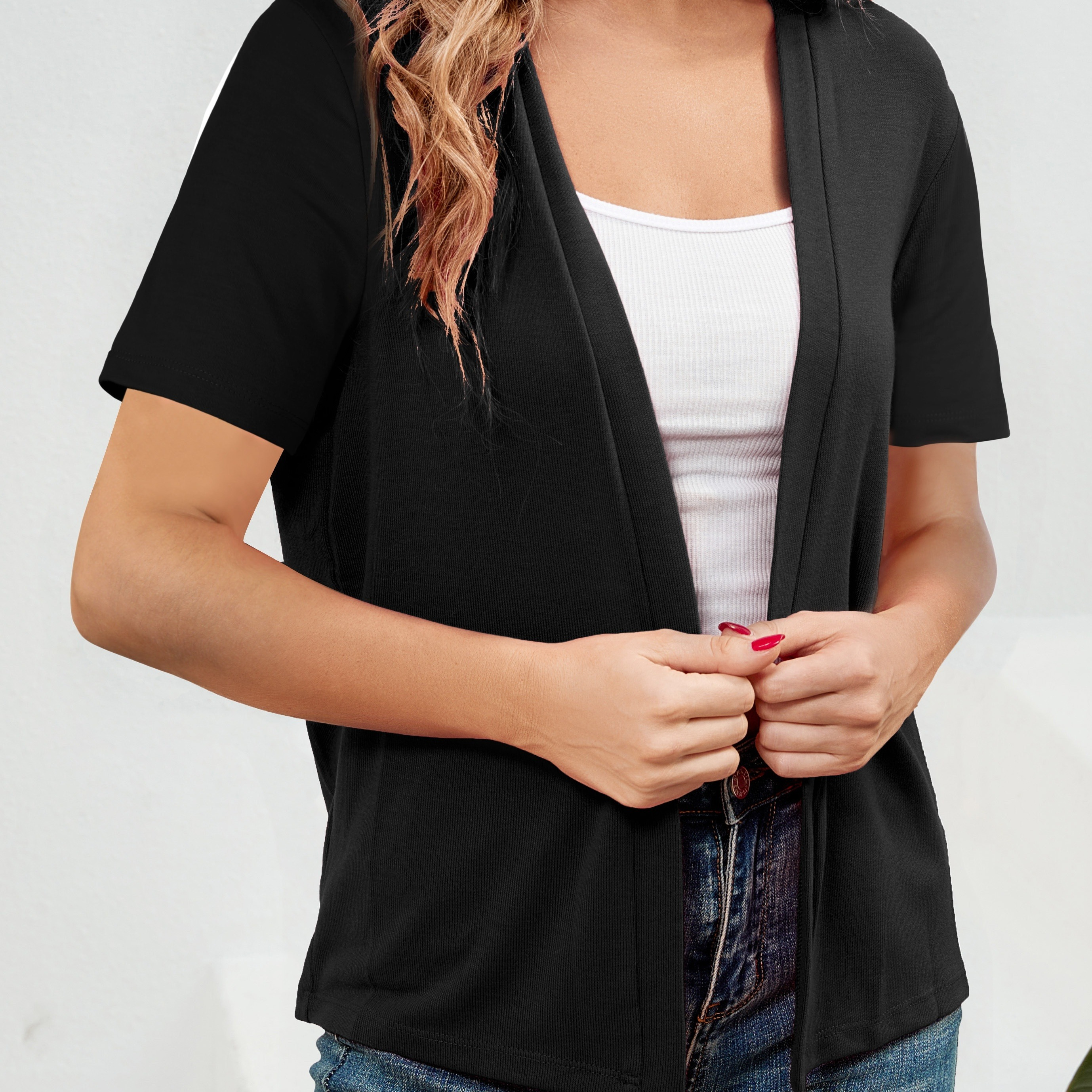 

Solid Open Front Knit Cardigan, Elegant Short Sleeve Cardigan For Spring & Summer, Women's Clothing