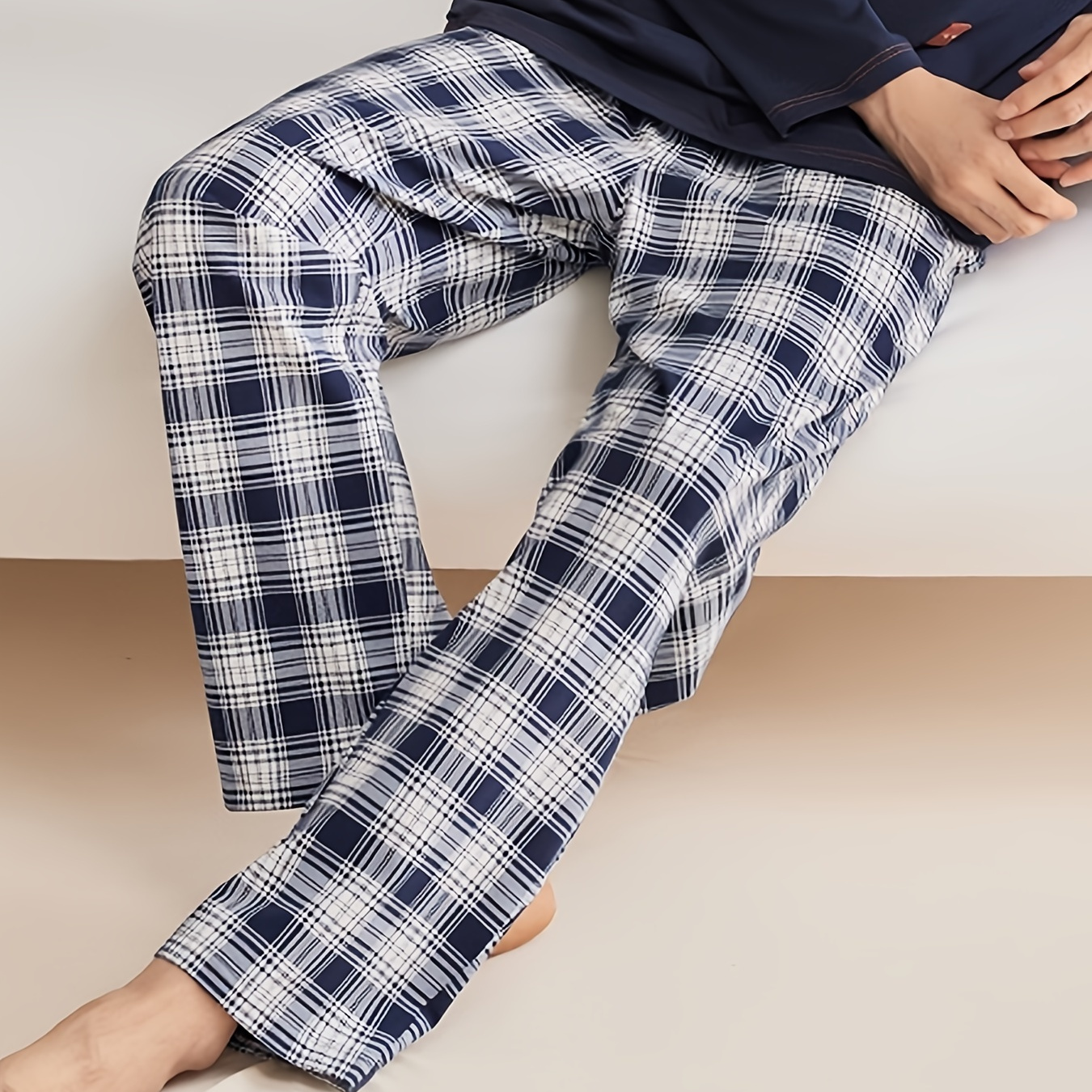 

Men's Simple Plaid Loose Pajama Long Pants, Stylish All-match Elastic Waist Pants, Comfy & Breathable For Spring/fall