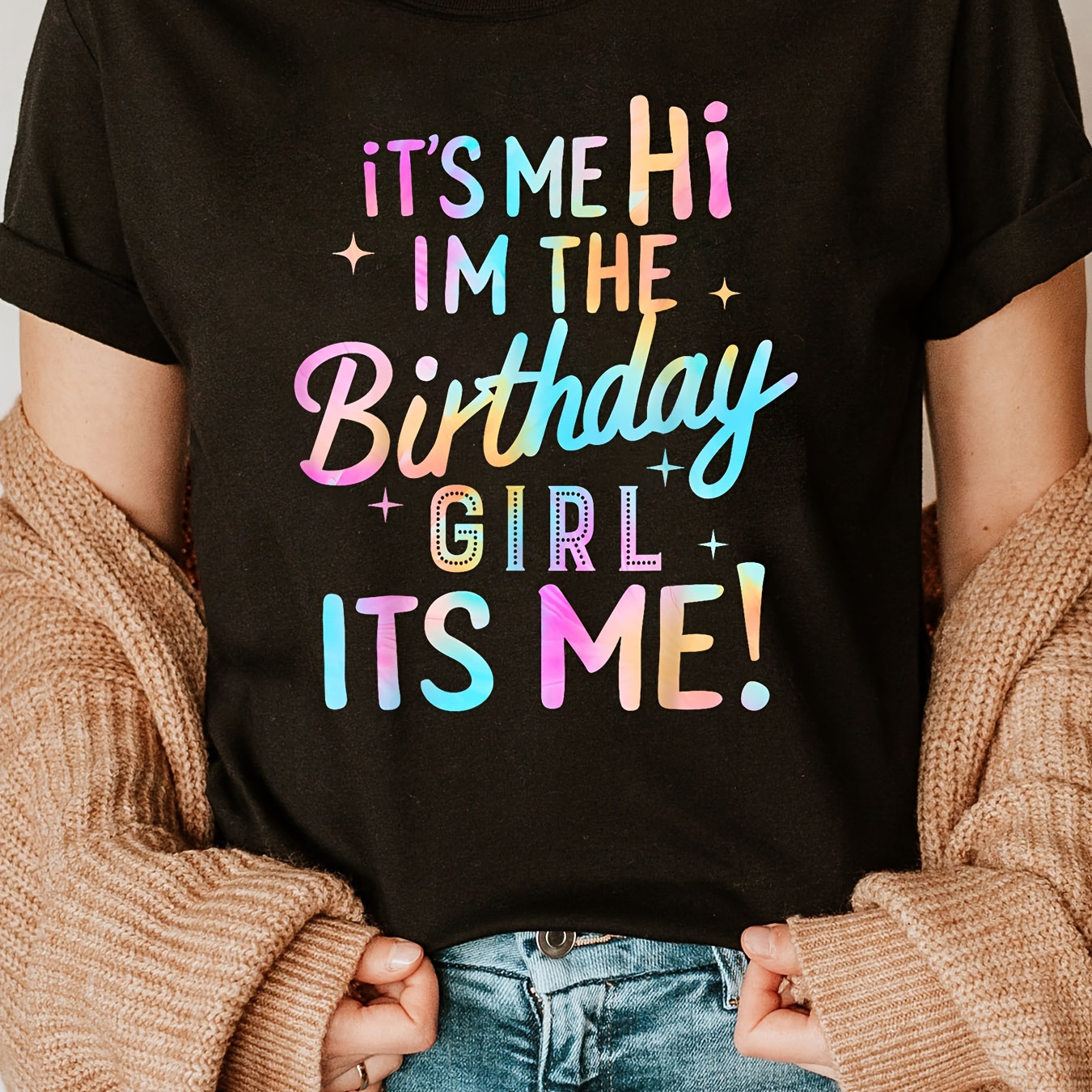 

Birthday Girl Print Crew Neck T-shirt, Short Sleeve Casual Top For Summer & Spring, Women's Clothing