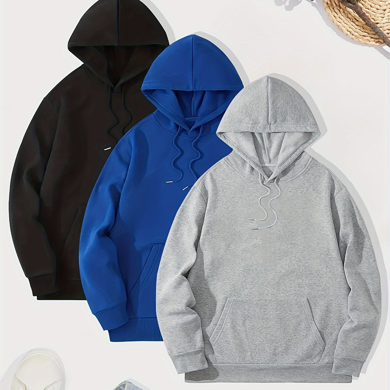 

3pcs Simple Solid Color Hoodie With Kangaroo Pocket, Men's Casual Pullover Hooded Sweatshirt