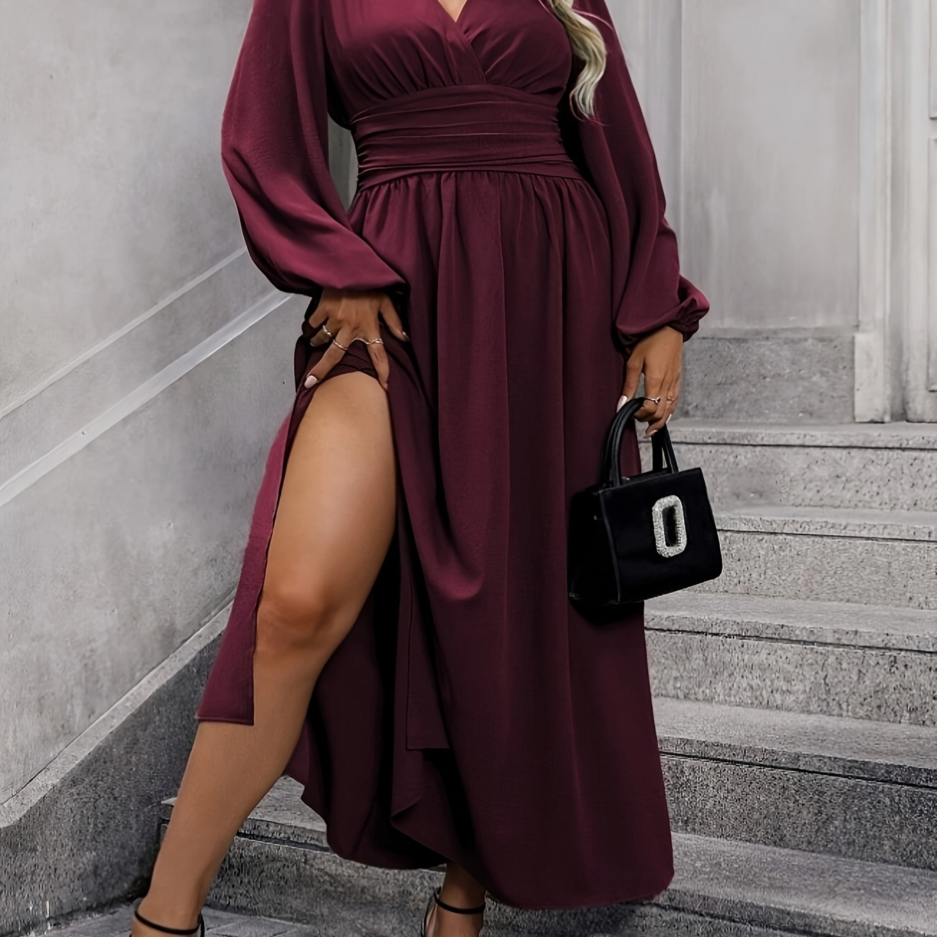 

Plus Size Solid Color Surplice Neck Dress, Elegant Lantern Sleeve Shirred Waist A-line Maxi Dress For Spring & Fall, Women's Plus Size Clothing