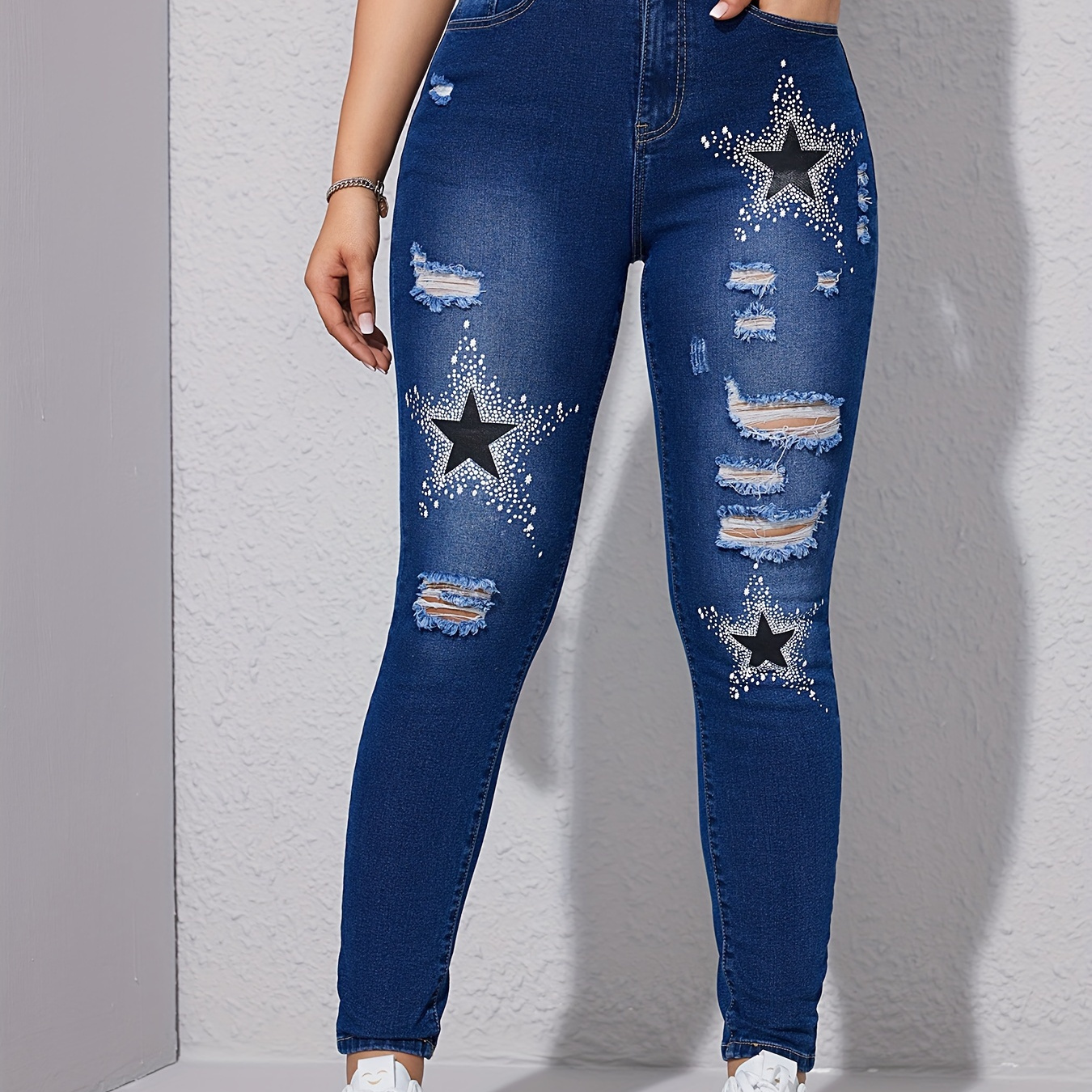 

Jeans skinny à trous déchirés à motif étoilé, pantalons en denim streetwear extensibles, jeans et vêtements en denim pour femmes - Parfait pour le festival de musique de carnaval