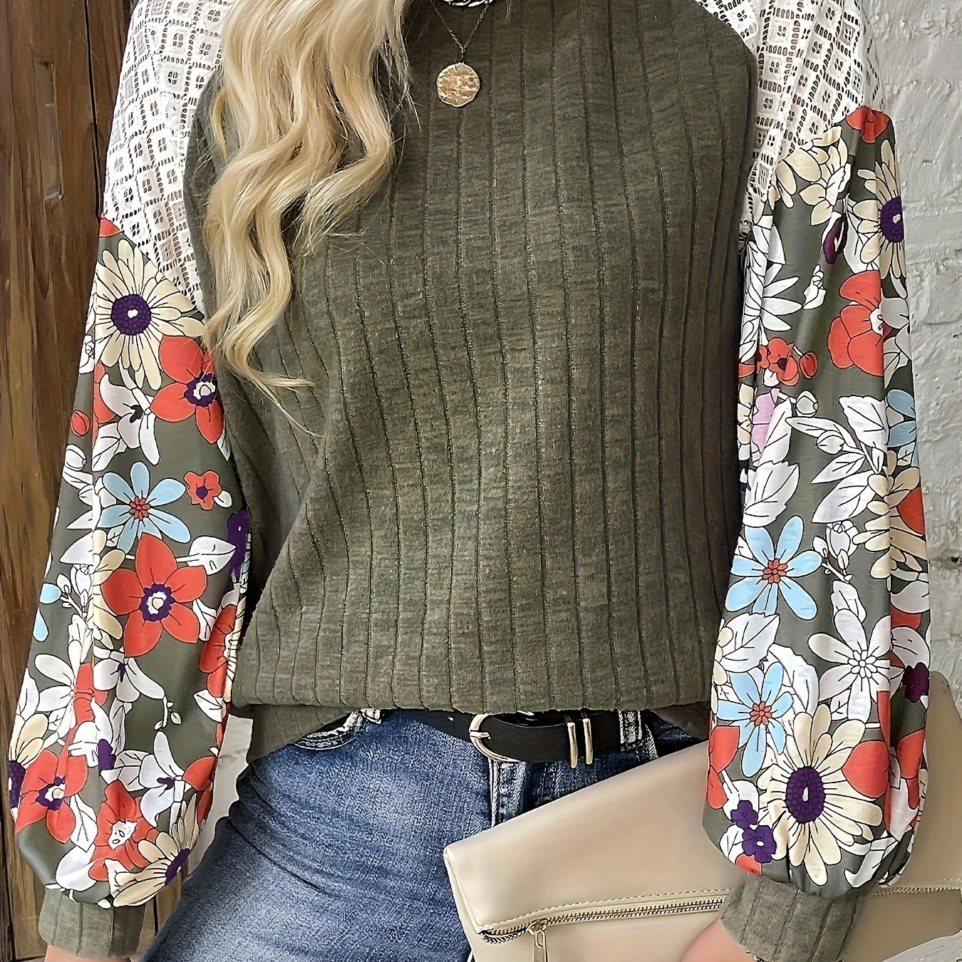 

Floral Print Patchwork Raglan Sleeve T-shirt, Elegant Crew Neck Long Sleeve Top For Spring & Fall, Women's Clothing