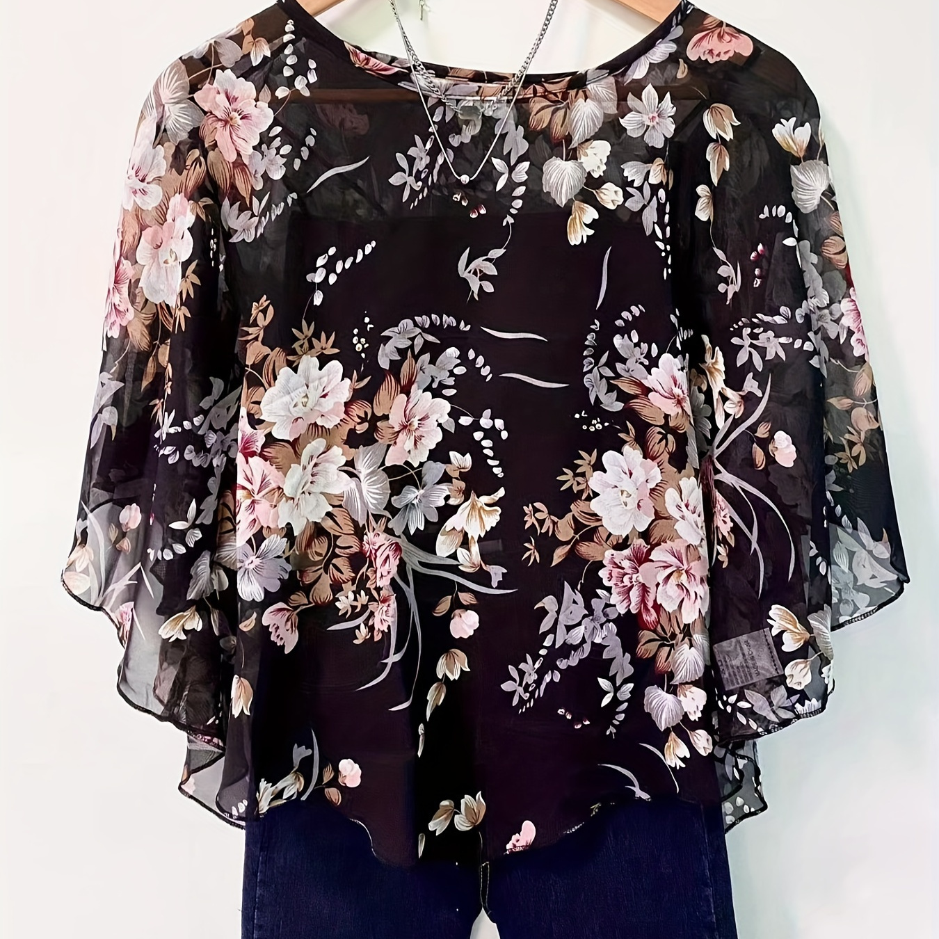 

Floral Print Semi-sheer Blouse, Elegant Batwing Sleeve Irregular Hem Top For Spring & Summer, Women's Clothing