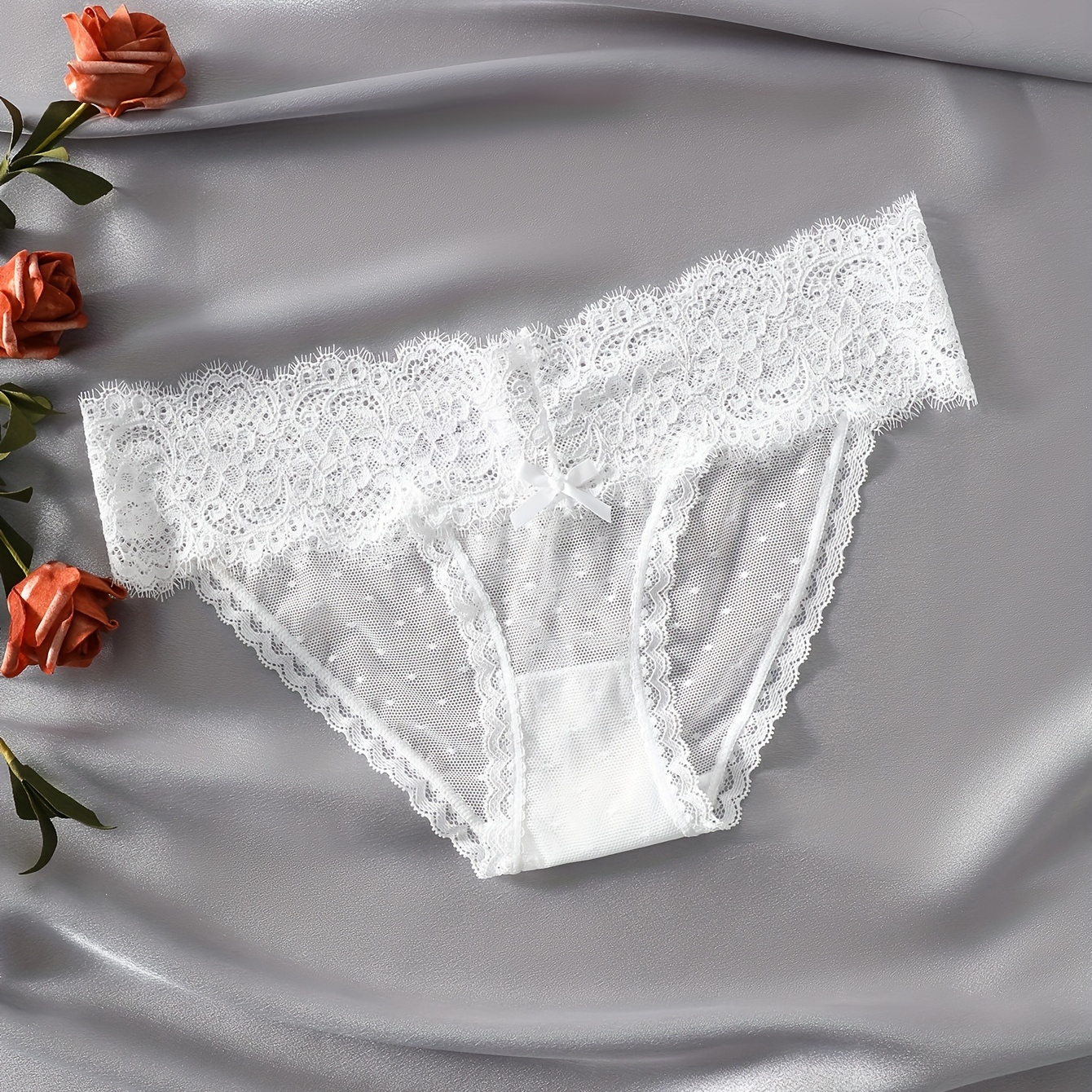 

1pc Solid Seamless Hollow-out Lace Panties, Sexy White Low-rise Briefs With Floral Design And Bow, Cute Style