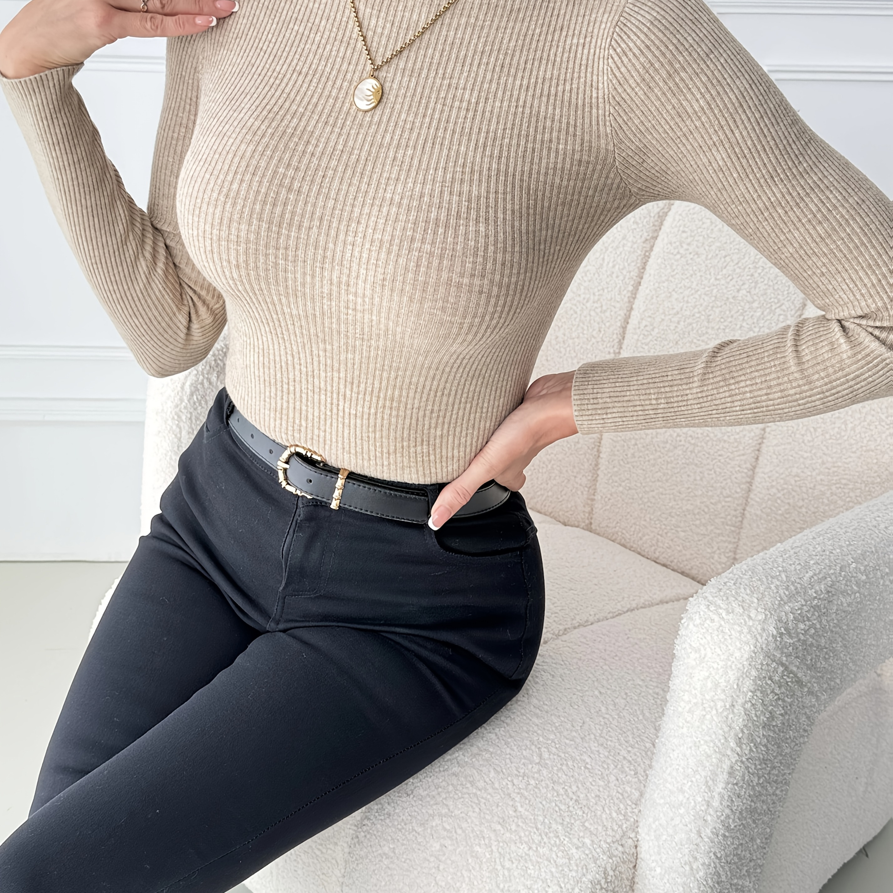 

Solid Ribbed Knitted Slim Pullover, Elegant Long Sleeve Mock Neck Basic Sweater, Women's Clothing