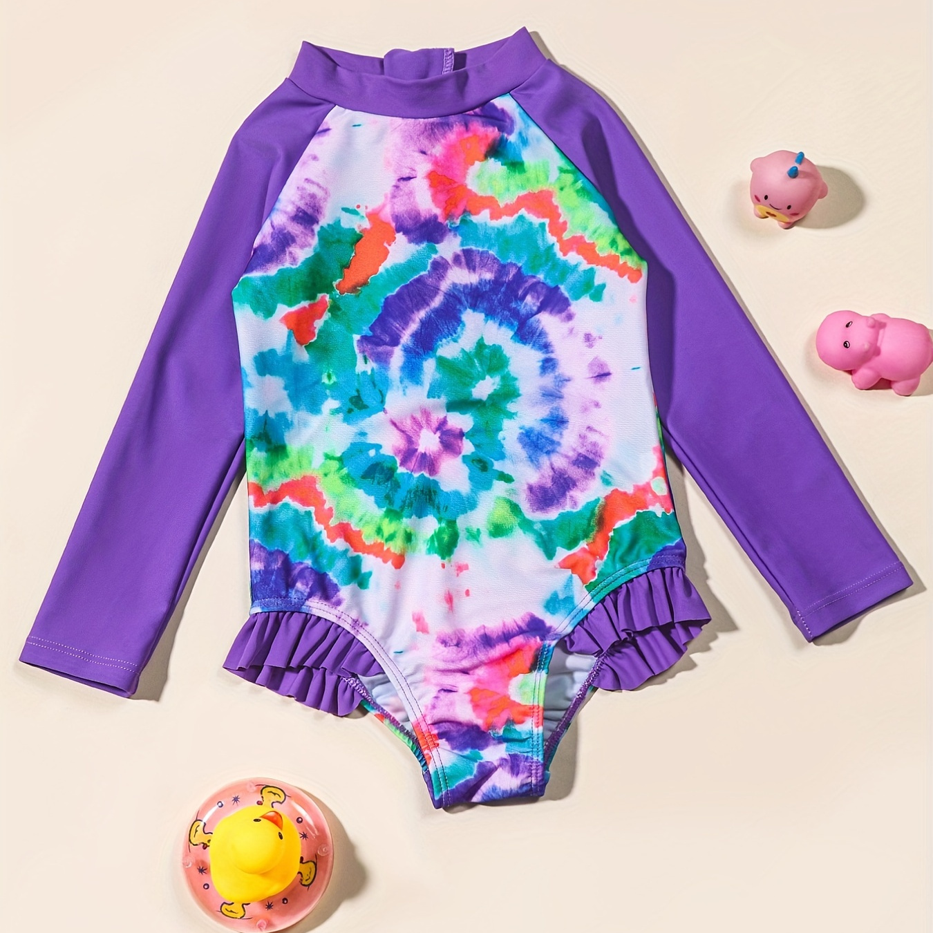 Girls Long Sleeve Tie Dye Half Zipper Quick Dry One-piece Swimsuit Kids Clothes Summer Bathing Suits