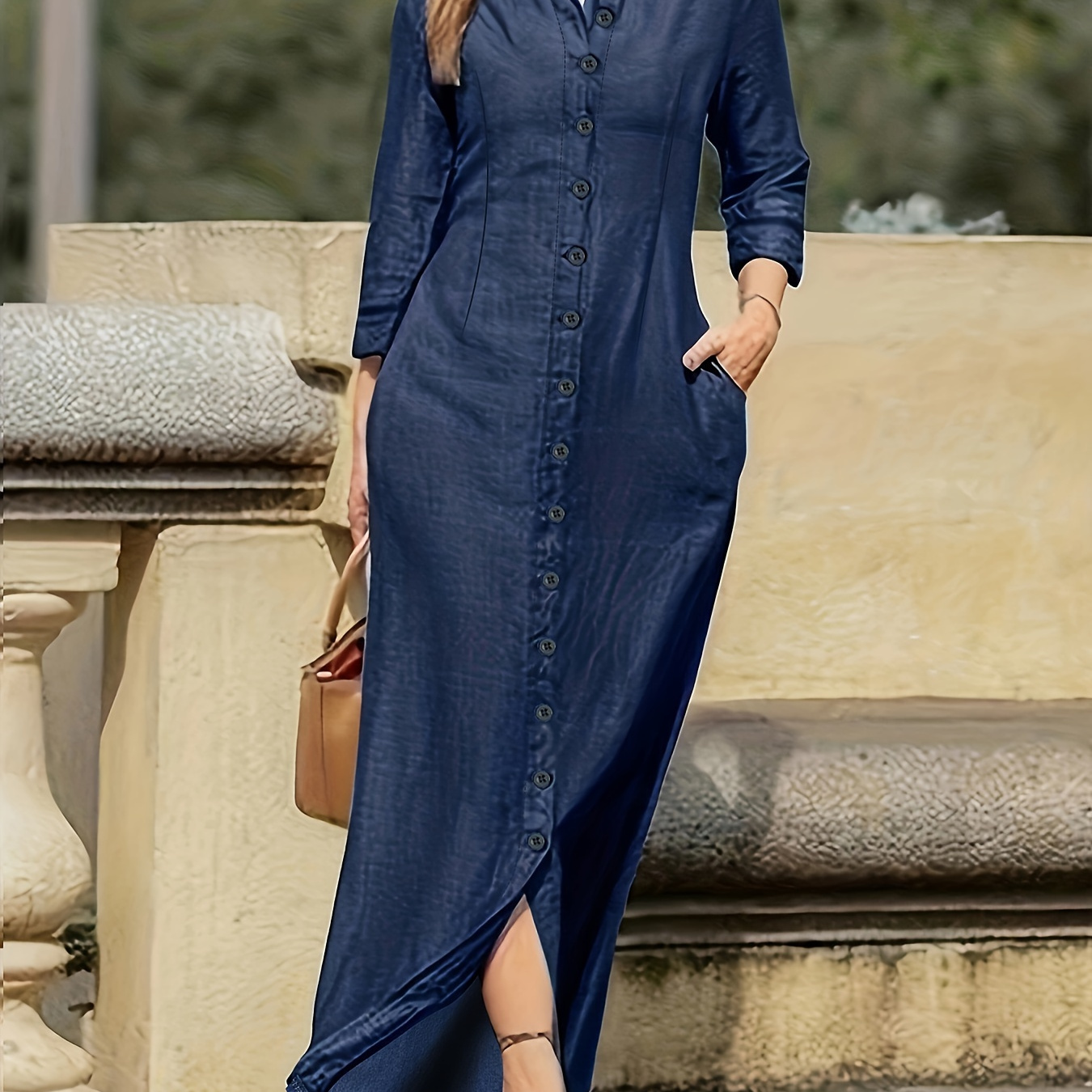 

Elegant Long Sleeve Lapel Collar Button-down Solid Tent Dress - Polyester Long Dress With Regular Sleeves For Spring/fall - Woven Adult Elegant Shirting Maxi Dress