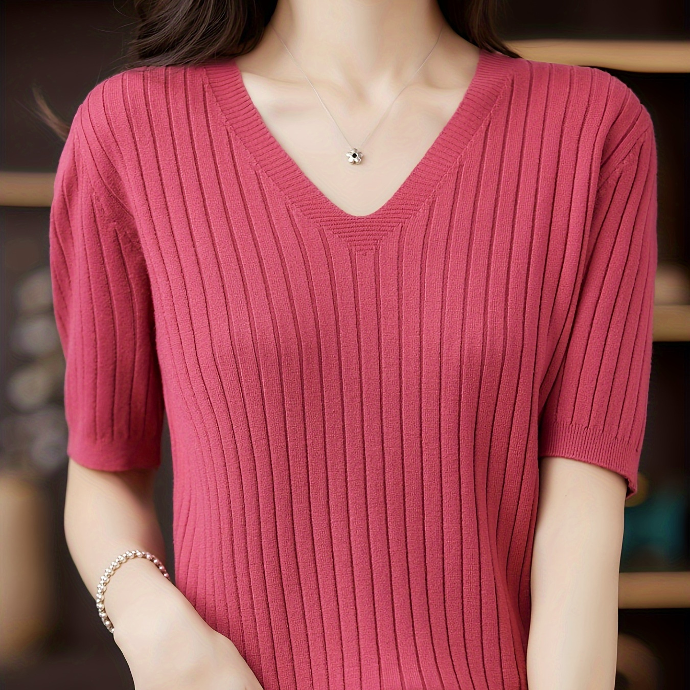 

Ribbed Solid V Neck Sweater, Casual Half Sleeve Sweater, Women's Clothing