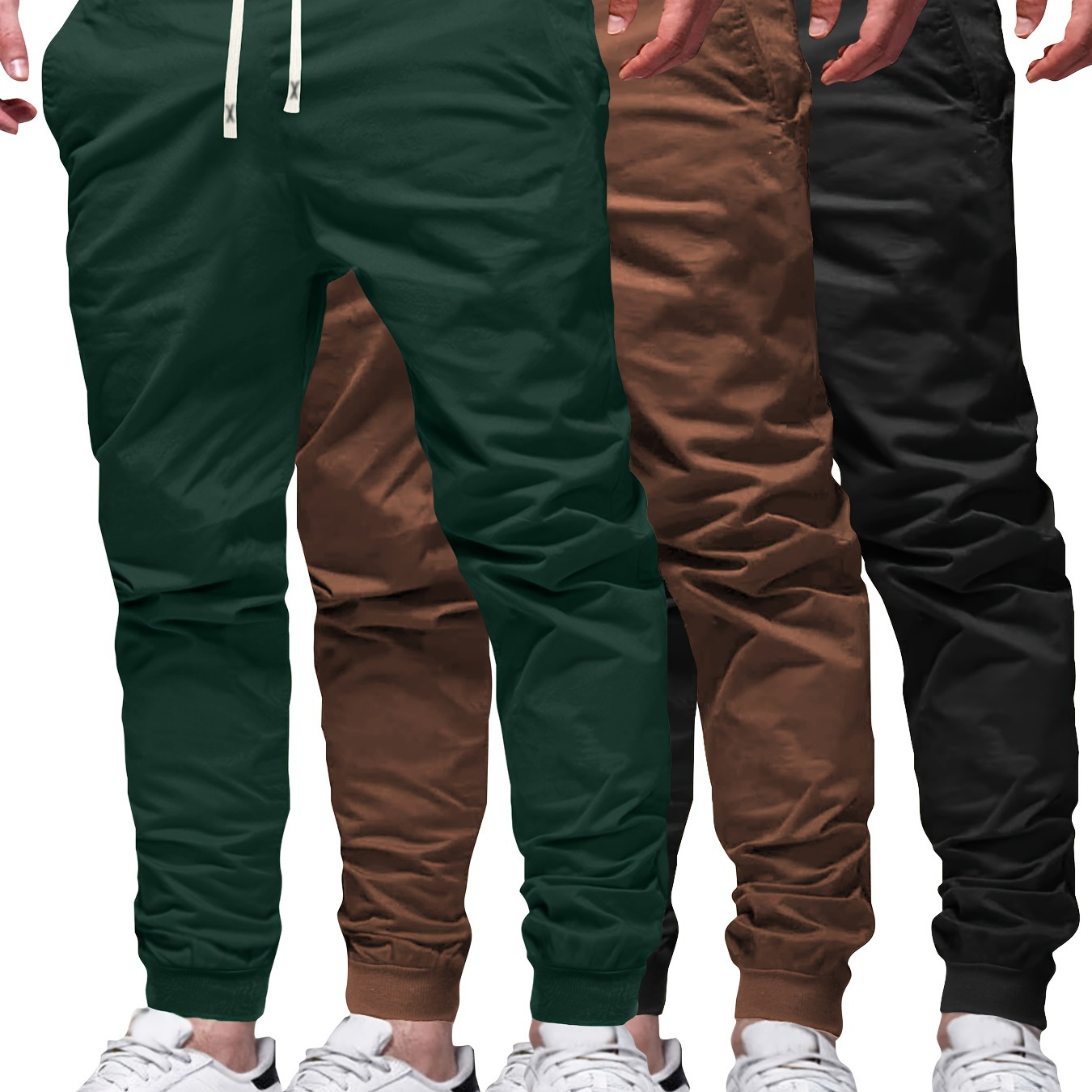 

3-pack Men's Casual Jogger Pants, Solid Color Polyester Knit Waist With Drawstring, Regular Fit Pocketed Trousers For All