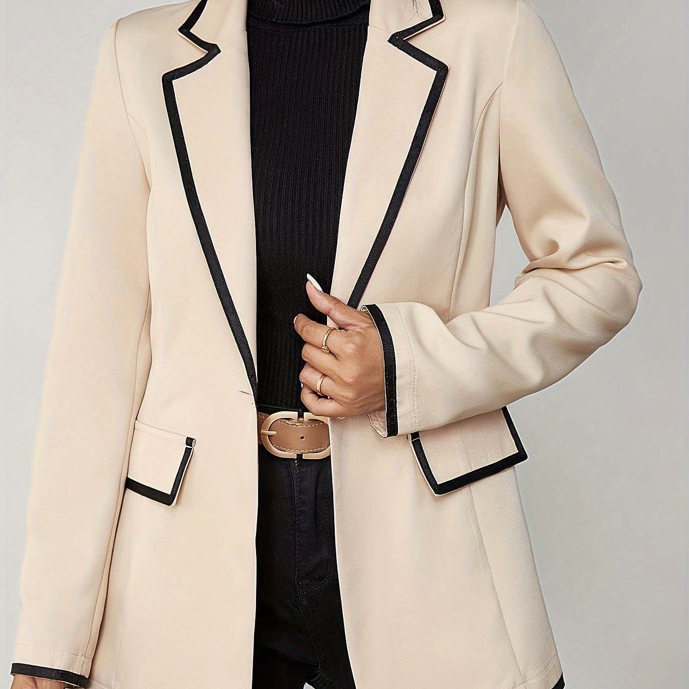 

Plus Size Colorblock Trim Blazer, Elegant Lapel Long Sleeve Blazer For Spring, Women's Plus Size clothing